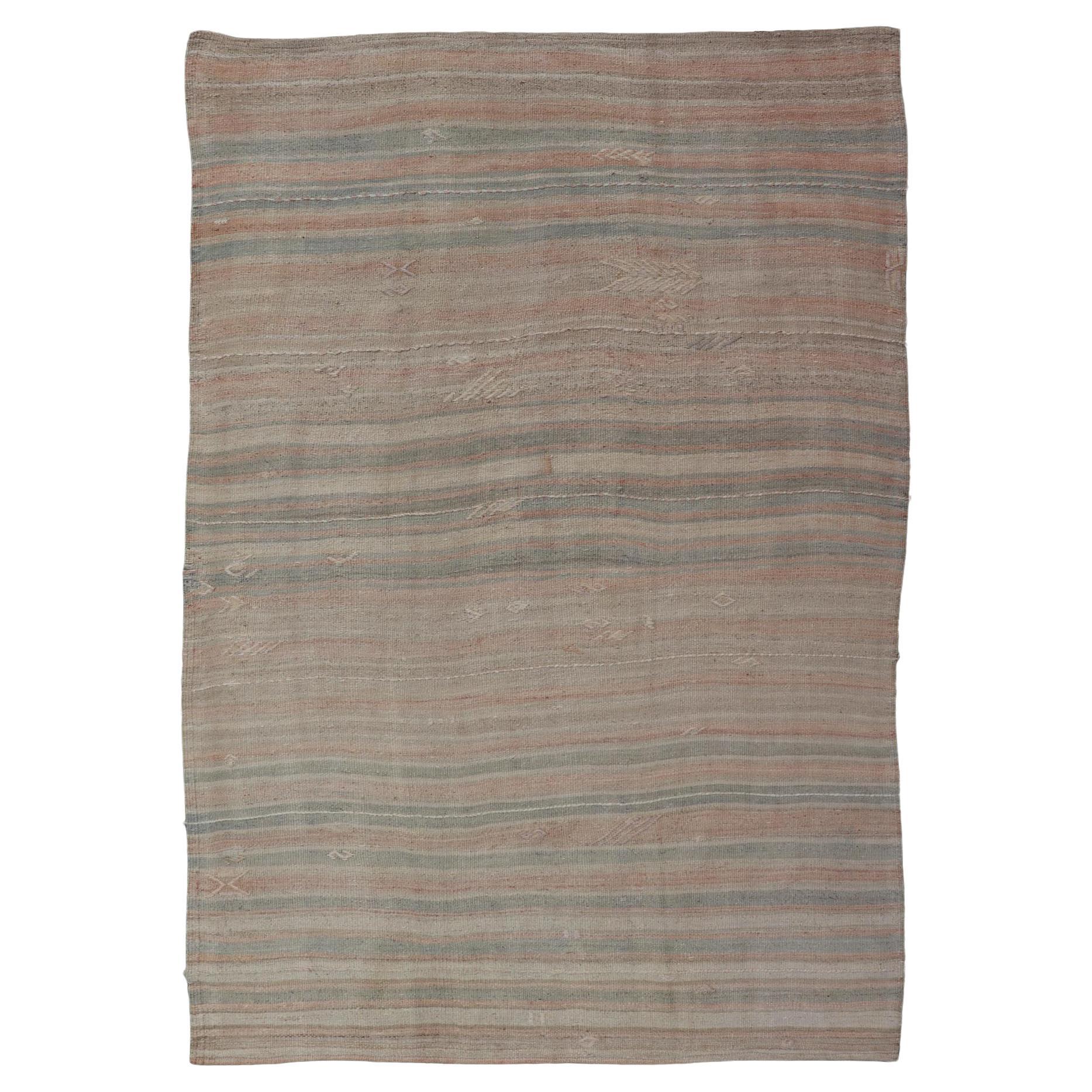 Vintage Turkish Kilim Rug with Soft Pastel Stripes and Earthy Tones 4'11" X7'7" For Sale