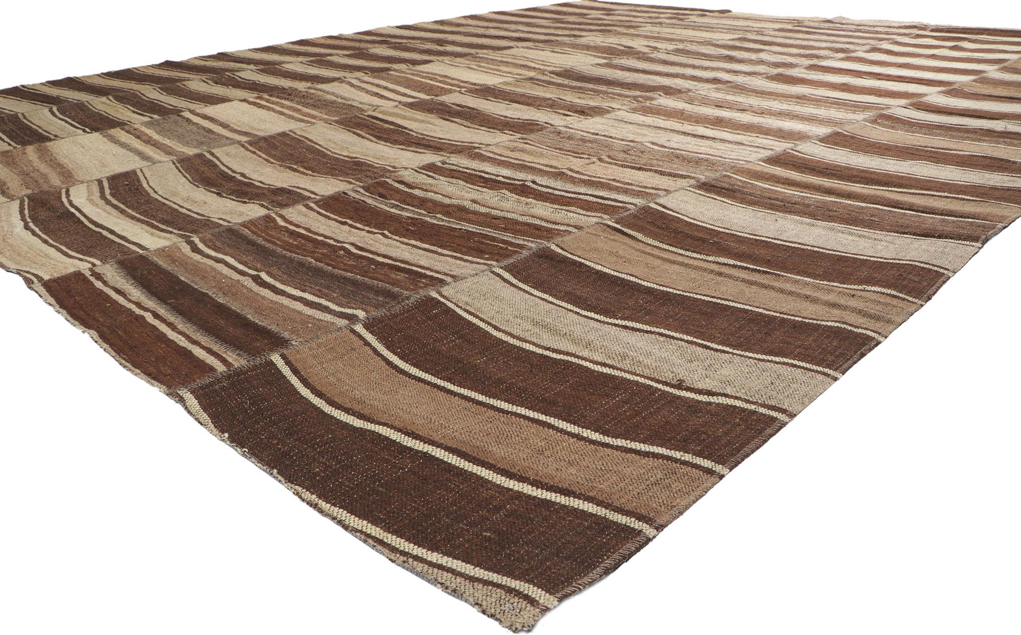 60636 Brown Vintage Striped Turkish Kilim Rug, 12'03 x 15'04. This handwoven wool vintage Turkish kilim rug breathes the spirit of Wabi-Sabi, effortlessly merging with a commitment to sustainable design to birth a masterpiece that harmoniously