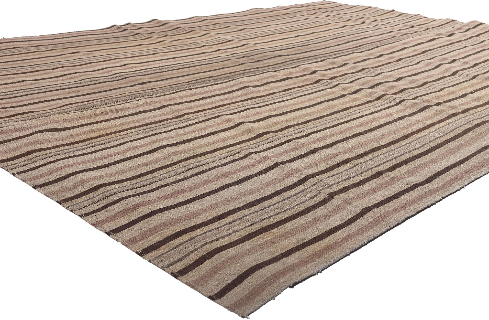 60802 Vintage Turkish Neutral Striped Kilim Rug, 06’07 x 09’07. Imbuing a sense of Wabi-Sabi grace into the realm of earth-tone elegance, this handwoven wool vintage Turkish striped kilim rug seamlessly intertwines modern style with rugged beauty.