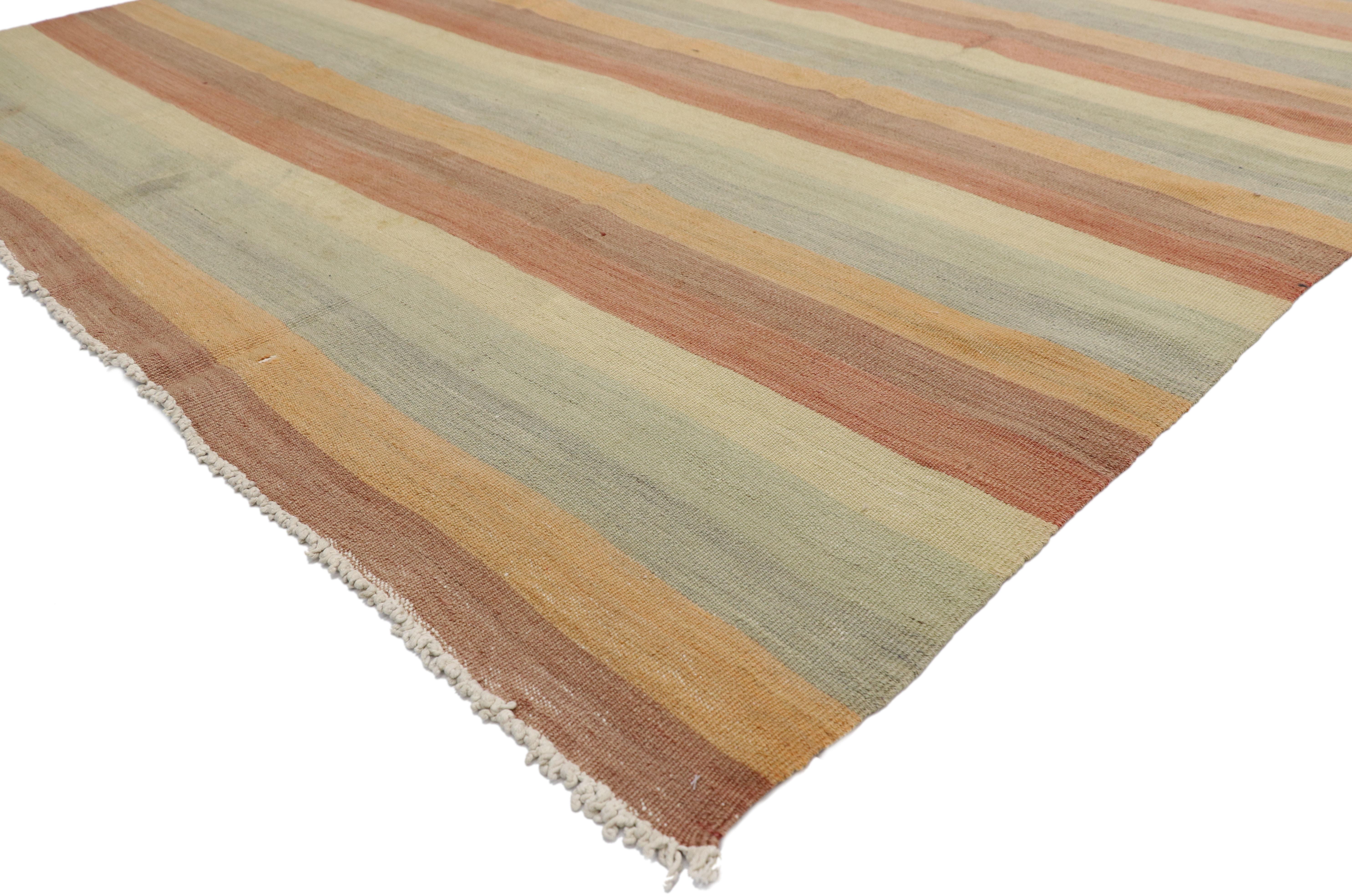 Hand-Woven Vintage Turkish Striped Kilim Rug with Soft Colors, Flat-Weave Rug