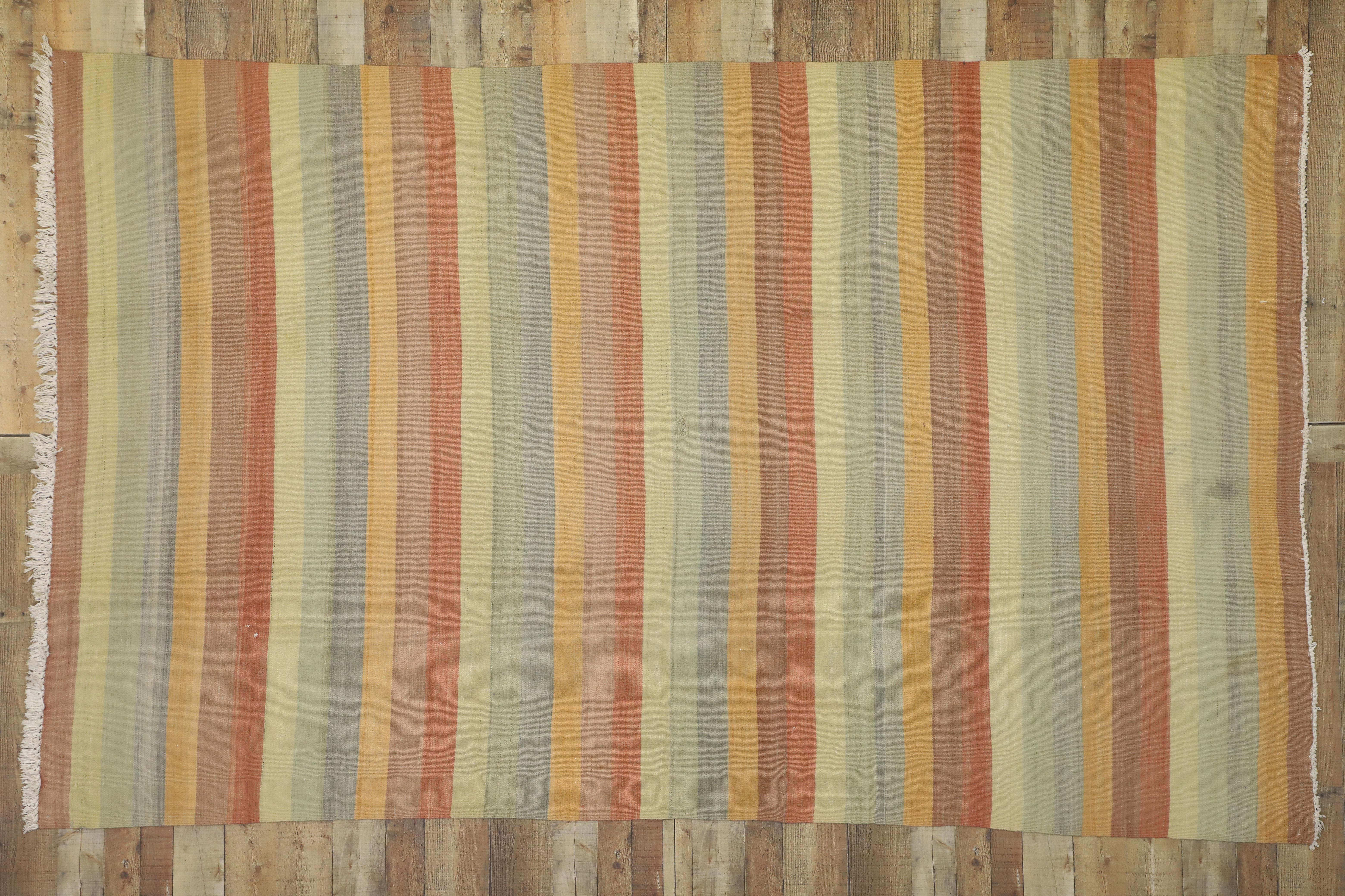 Vintage Turkish Striped Kilim Rug with Soft Colors, Flat-Weave Rug 3