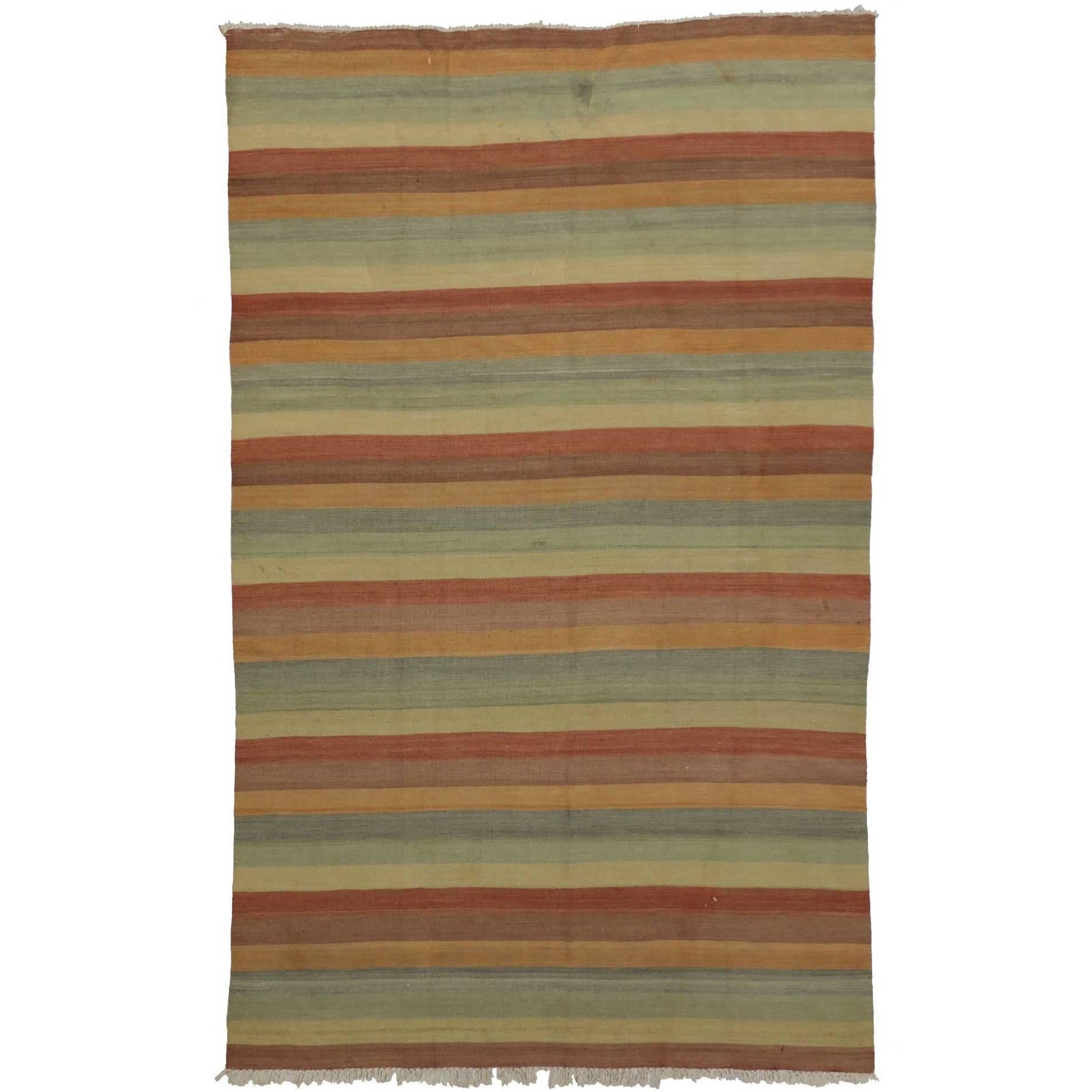 Vintage Turkish Striped Kilim Rug with Soft Colors, Flat-Weave Rug
