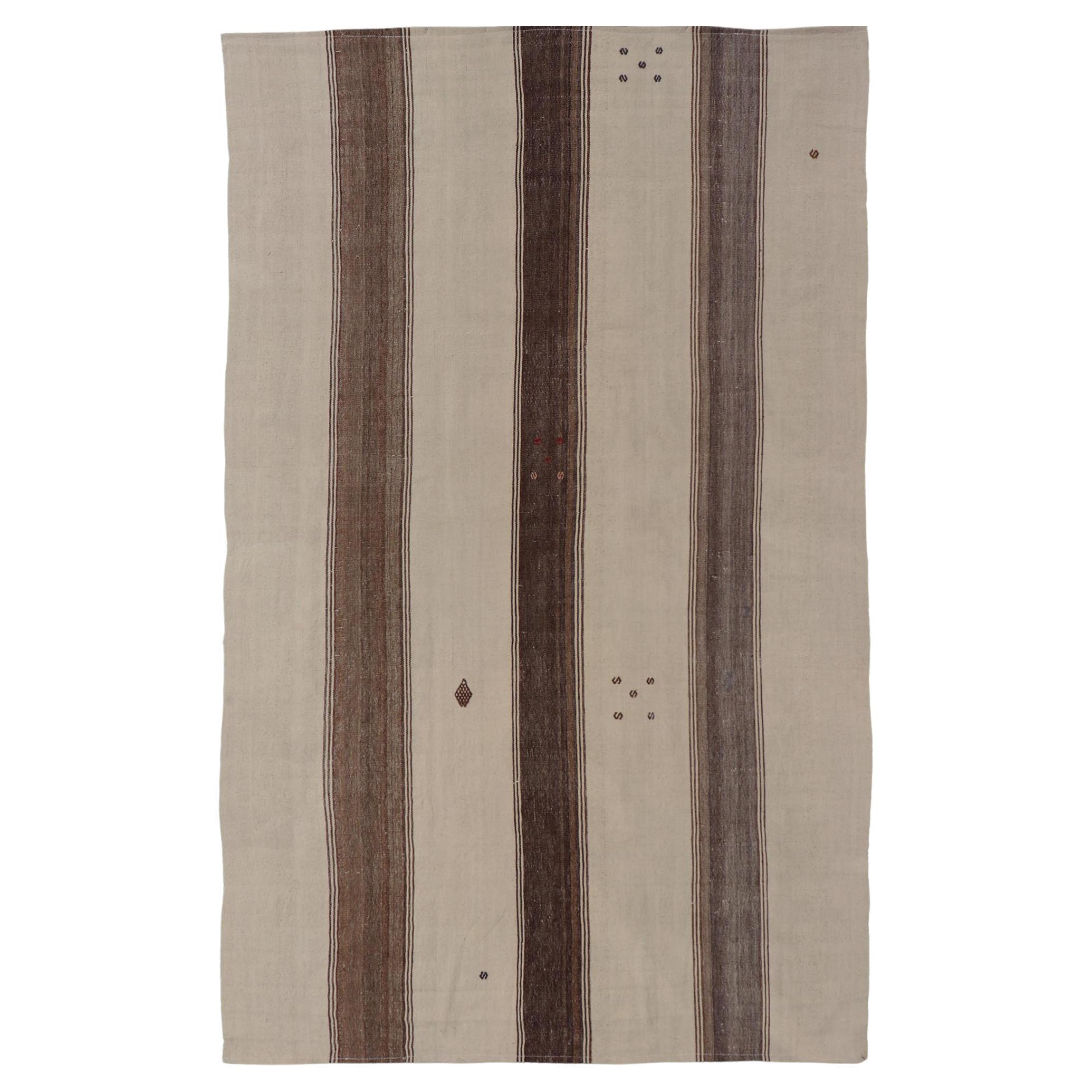 Vintage Turkish Kilim Rug with Stripes in Grey, White & Cream