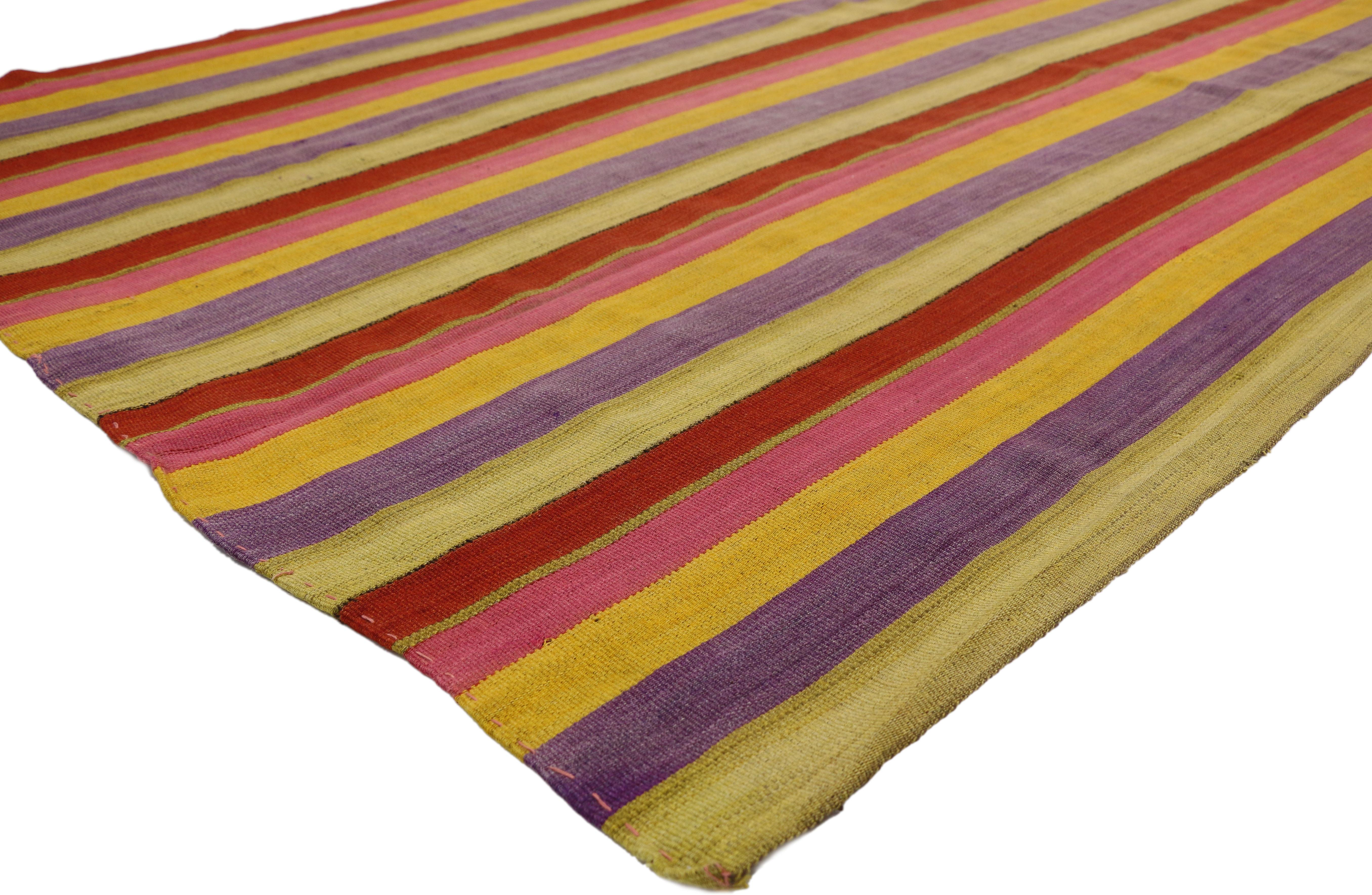 51553, vintage Turkish Striped Kilim rug with Modern style, Striped Area rug. A bold expressive design combined with vibrant colors reminiscent of Mexico, this hand-woven wool vintage Turkish striped Kilim rug is a captivating vision of woven