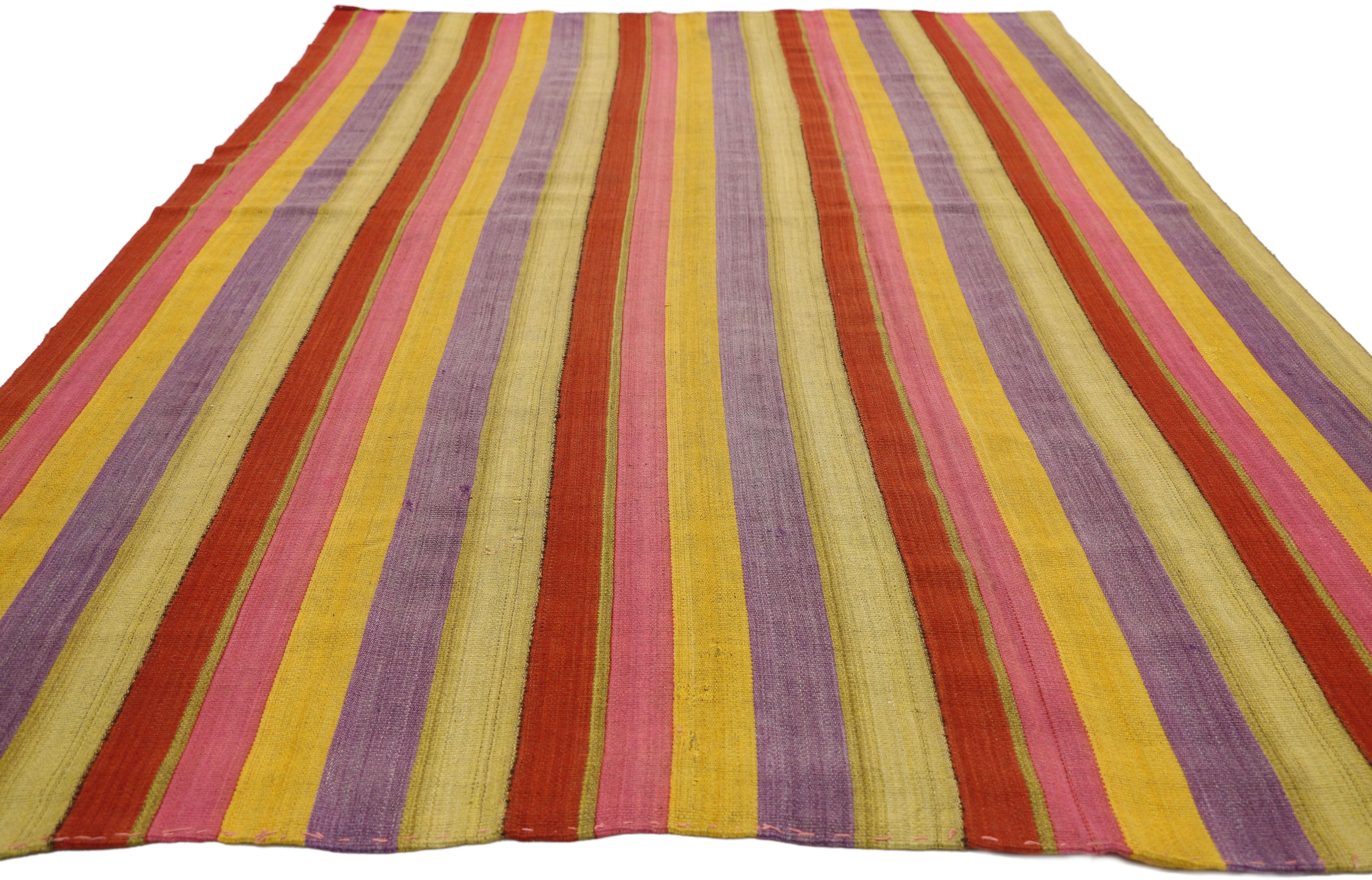 Hand-Woven Vintage Turkish Kilim Rug with Stripes in Modern Style, Striped Kilim Rug For Sale