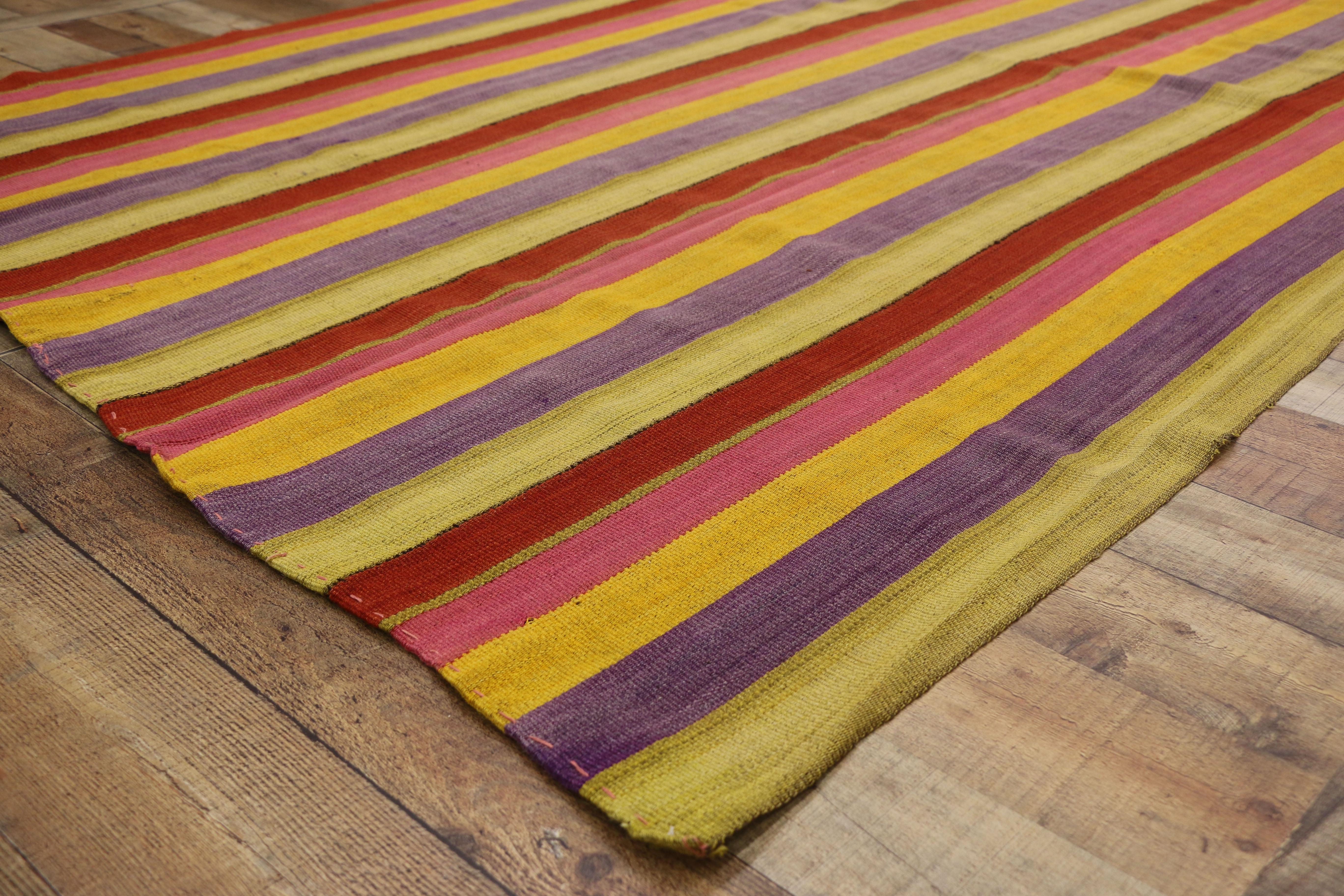 Wool Vintage Turkish Kilim Rug with Stripes in Modern Style, Striped Kilim Rug For Sale