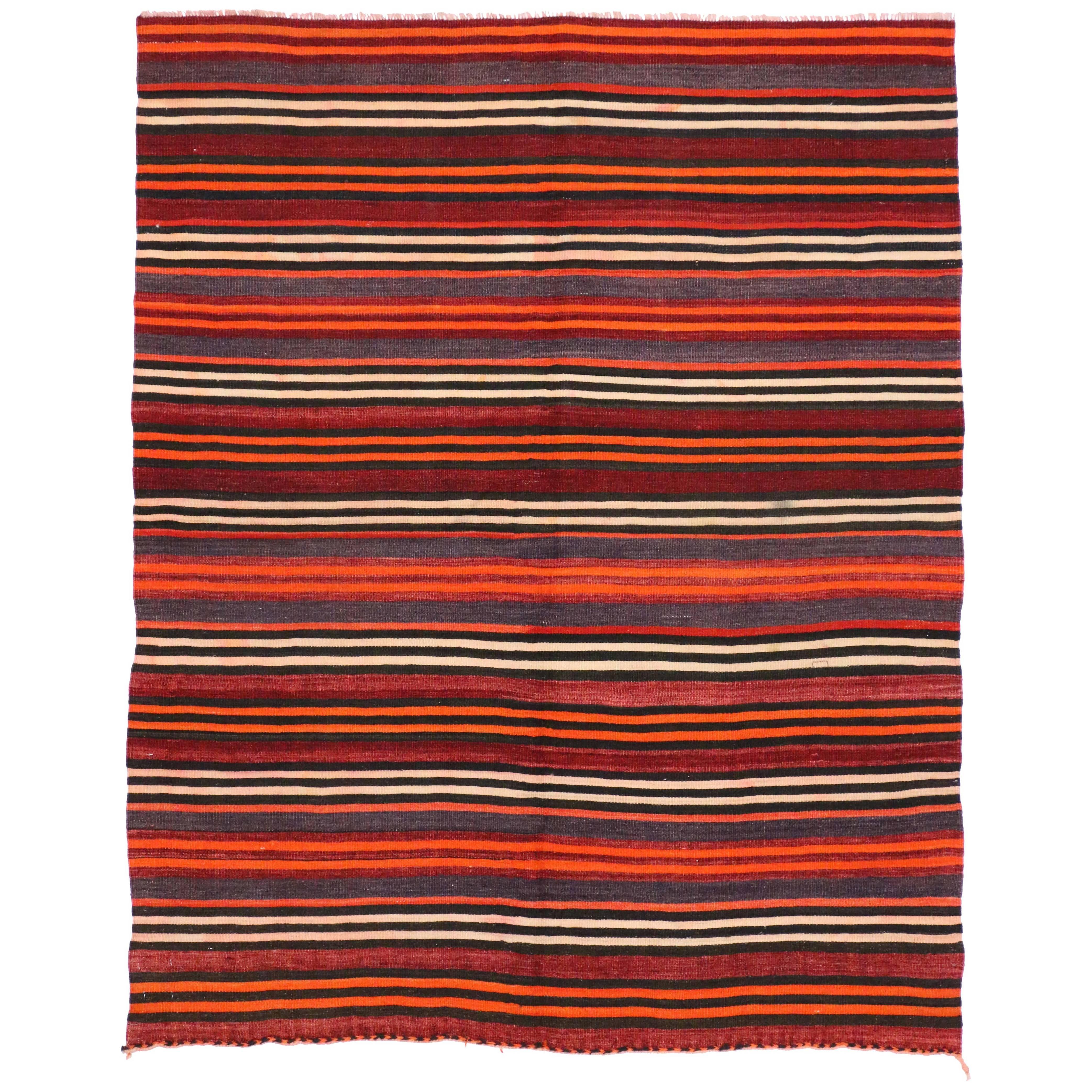 Vintage Turkish Kilim Rug with Stripes, Flat-Weave Kilim