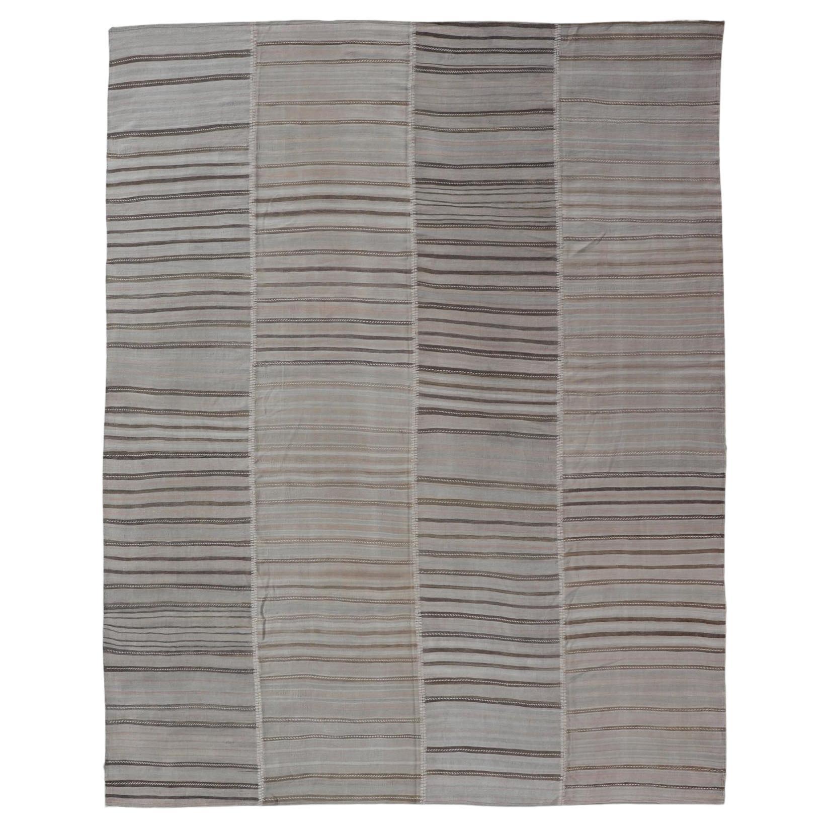 Vintage Turkish Kilim Rug with Subtle Striped Design in Taupe and Soft Gray