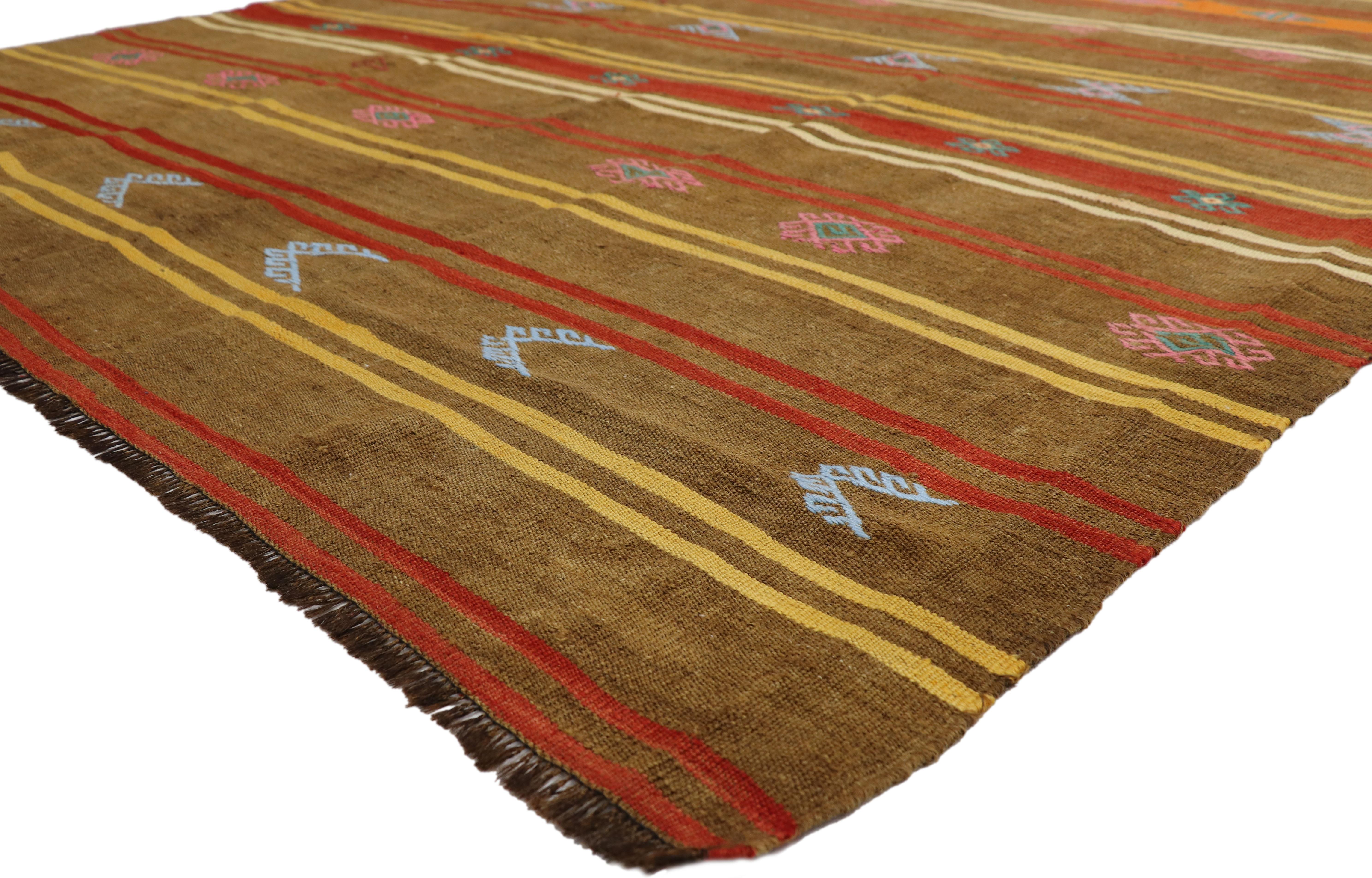 51079 Vintage Turkish Kilim Rug with Bohemian Tribal Design and Modern Cabin Style 07'06 x 12'09. Create a comfortable and modern setting with this hand-woven wool vintage Turkish Kilim rug. The flat-weave kilim rug features symbolic tribal motifs