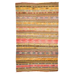 Vintage Turkish Kilim Rug with Tribal Style Boho Chic Flat-Weave Kilim Rug
