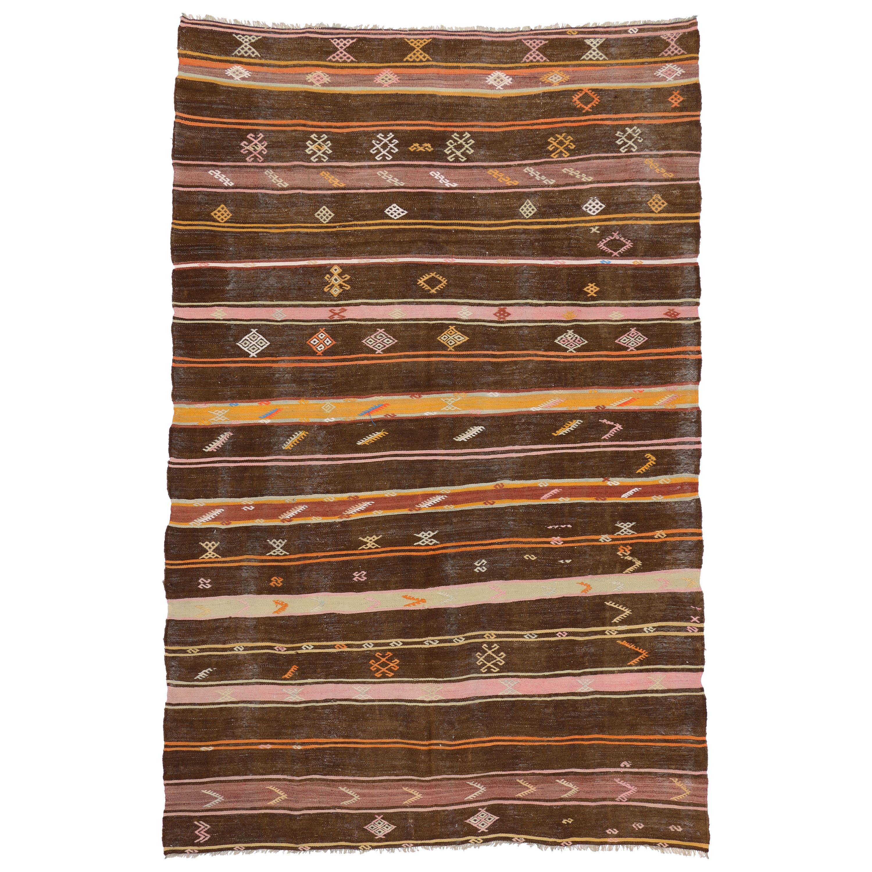 Vintage Turkish Striped Kilim Rug with Bohemian Southwestern Desert Style