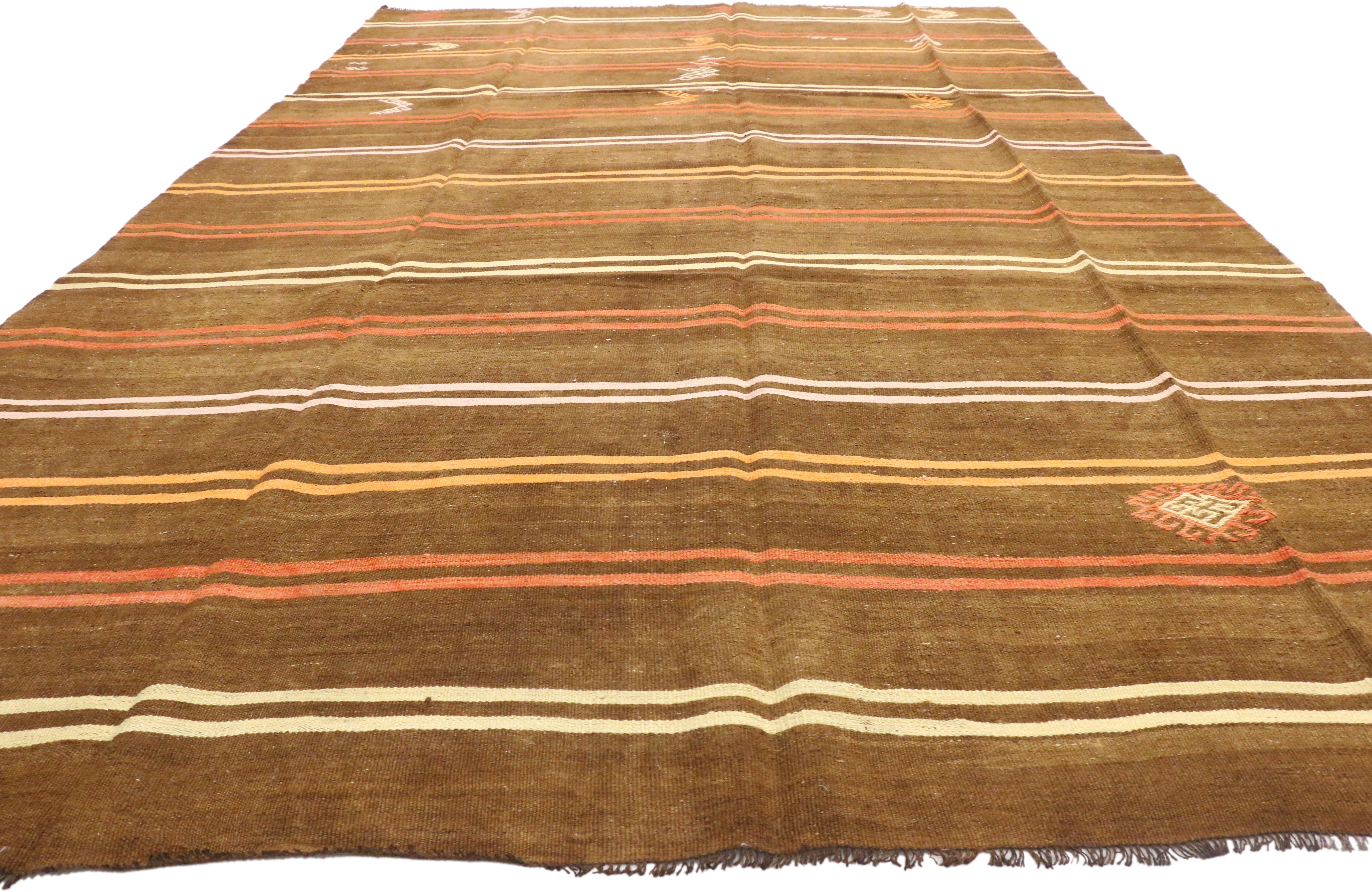 Hand-Woven Vintage Turkish Kilim Rug with Bohemian Tribal Design and Modern Cabin Style For Sale