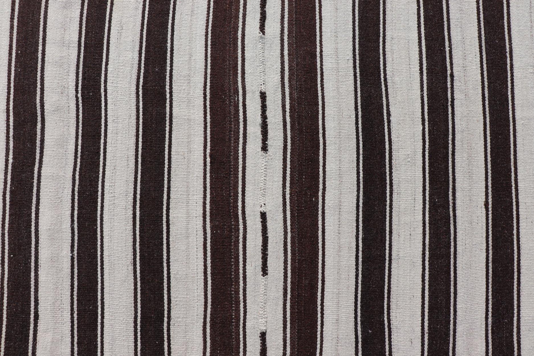 Vintage Turkish Kilim Rug with Vertical Stripes in Chocolate Brown and Cream For Sale 4