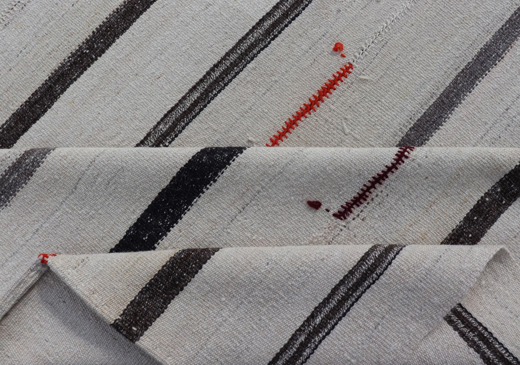 Vintage Turkish Kilim Rug with Vertical Stripes in Chocolate Brown and Cream For Sale 4