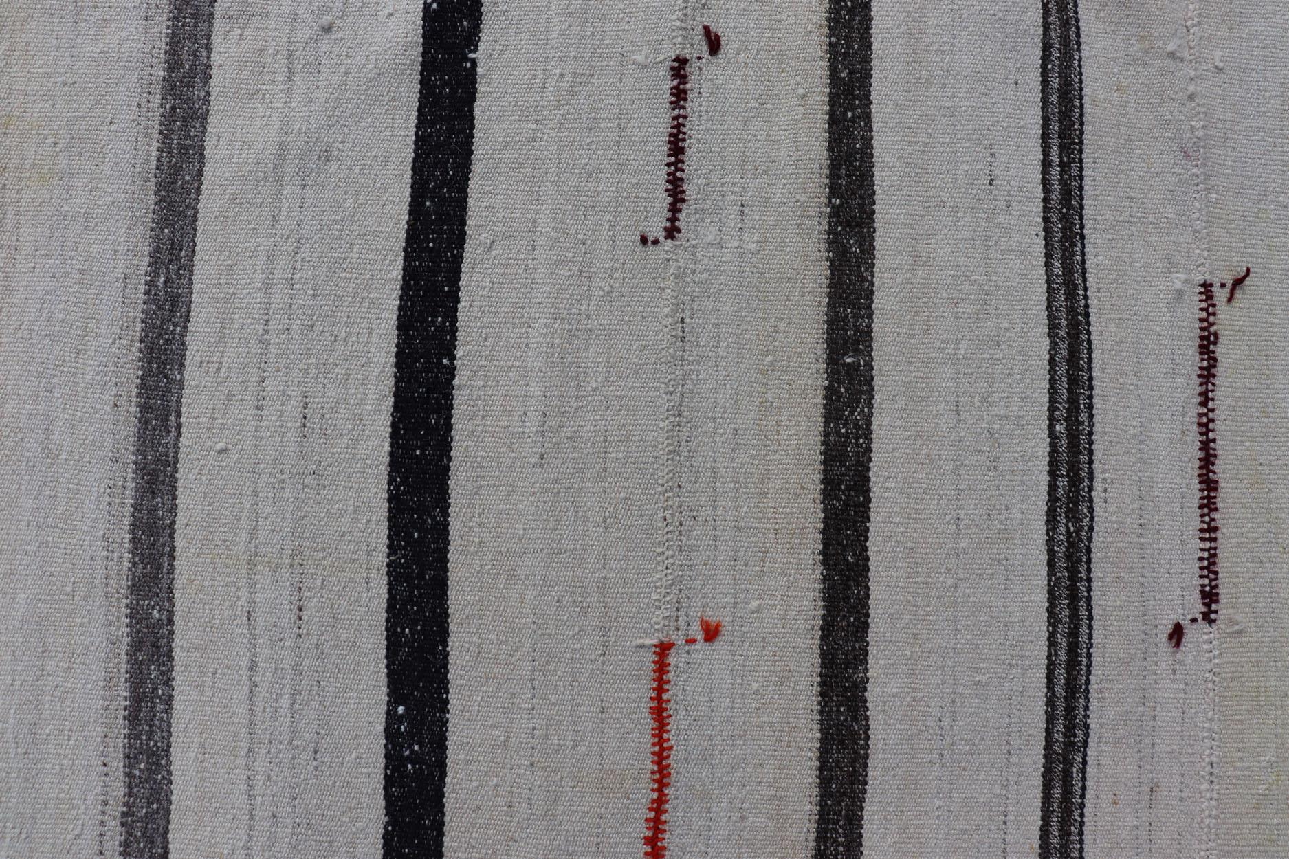 Vintage Turkish Kilim Rug with Vertical Stripes in Chocolate Brown and Cream. Keivan Woven Arts / Rug TU-NED-1021-7, country of origin / type: Turkey / Kilim, circa 1950
Measures: 6'2 x 11'0 
Woven during the mid-20th century in Turkey, this Kilim