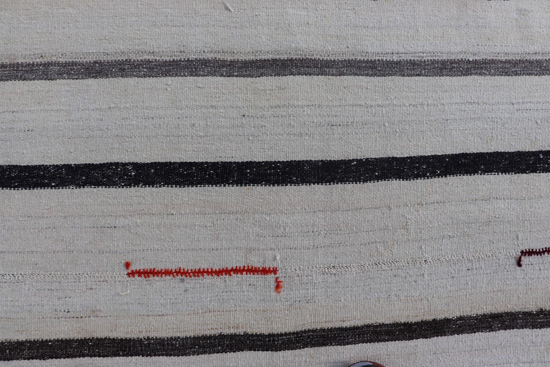Hand-Woven Vintage Turkish Kilim Rug with Vertical Stripes in Chocolate Brown and Cream For Sale