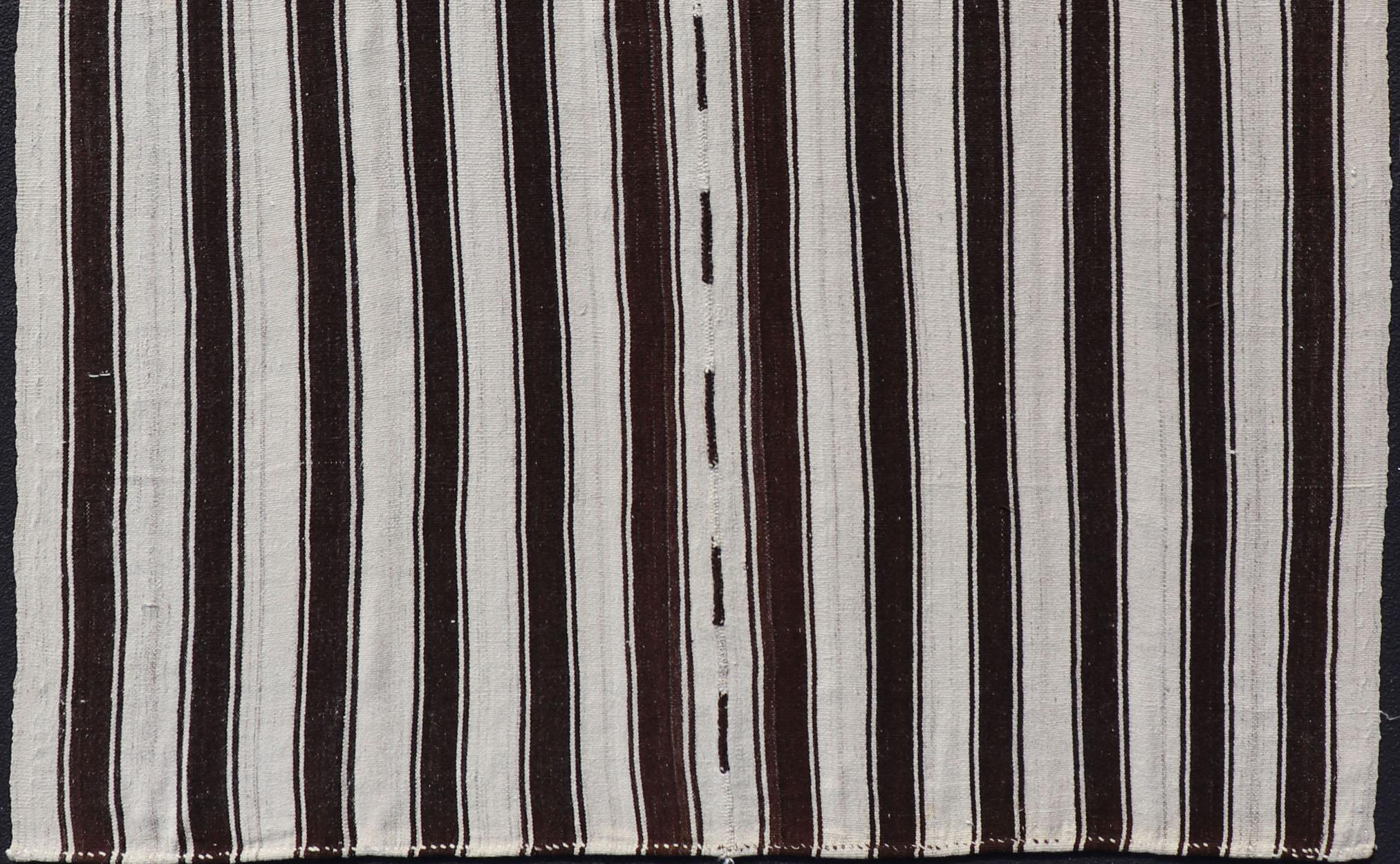 Vintage Turkish Kilim Rug with Vertical Stripes in Chocolate Brown and Cream In Good Condition For Sale In Atlanta, GA