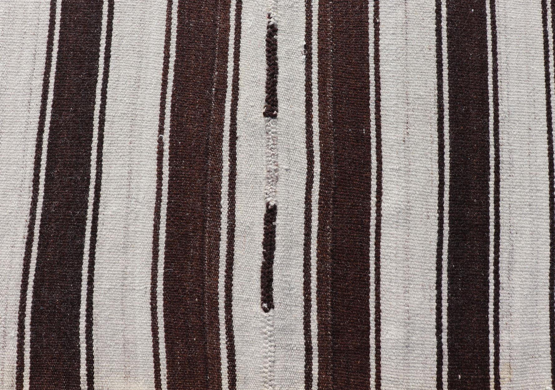 20th Century Vintage Turkish Kilim Rug with Vertical Stripes in Chocolate Brown and Cream For Sale