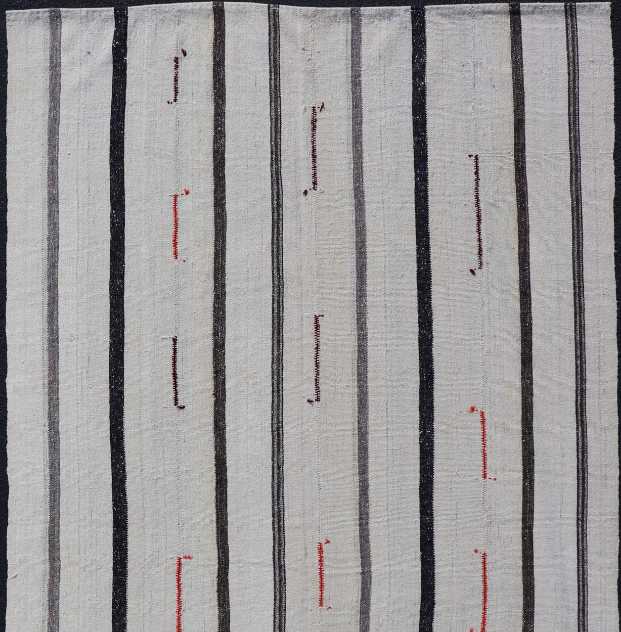 20th Century Vintage Turkish Kilim Rug with Vertical Stripes in Chocolate Brown and Cream For Sale