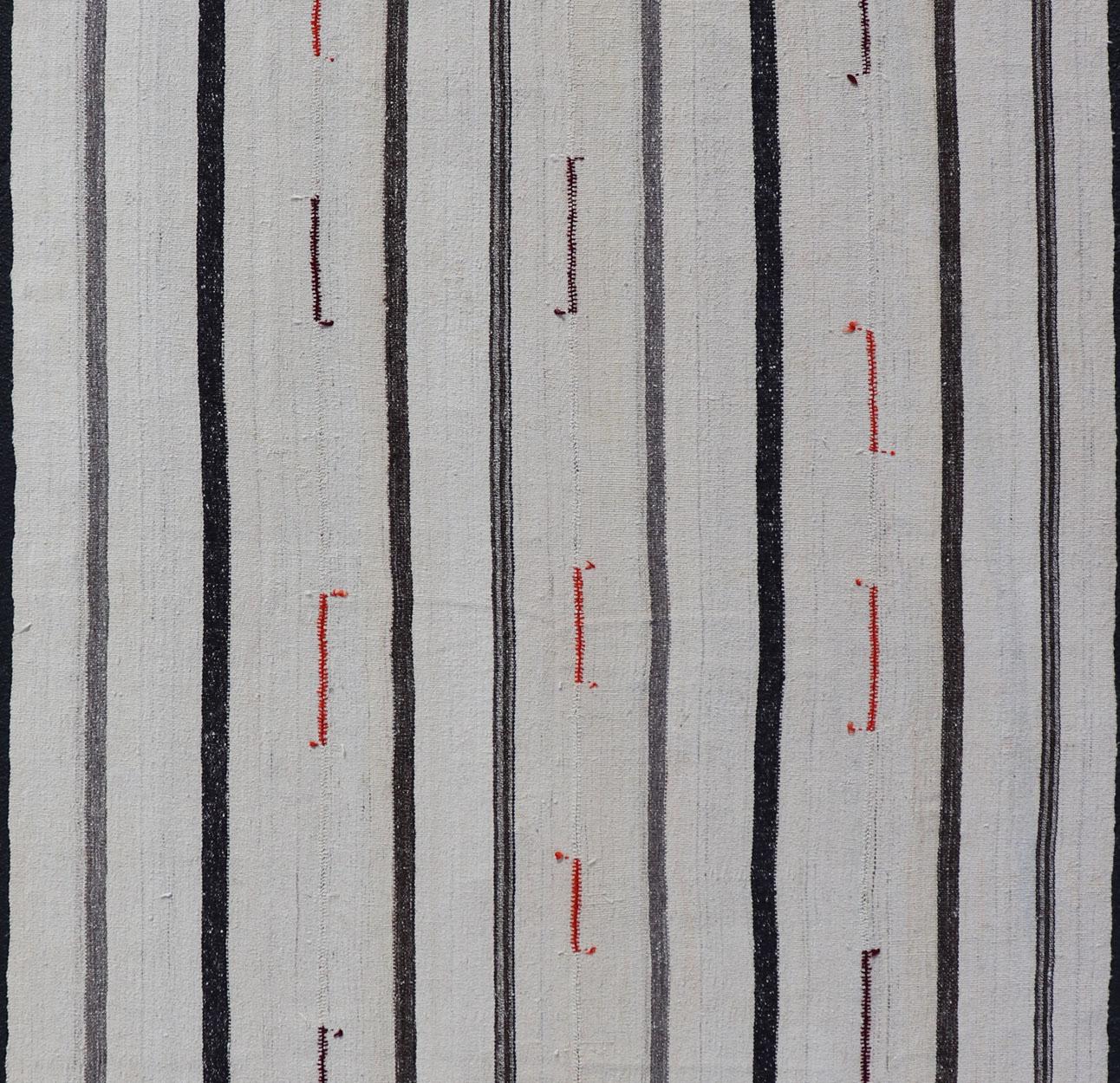 Wool Vintage Turkish Kilim Rug with Vertical Stripes in Chocolate Brown and Cream For Sale