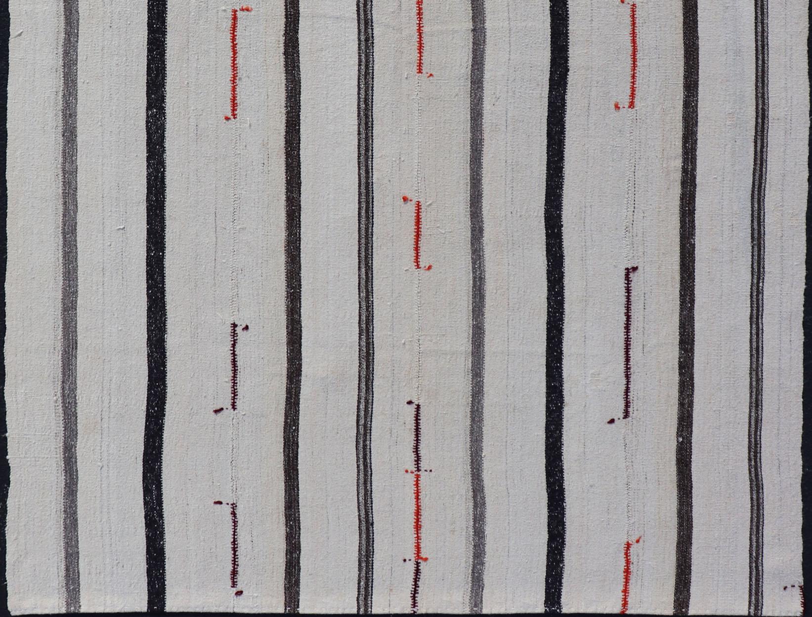 Vintage Turkish Kilim Rug with Vertical Stripes in Chocolate Brown and Cream For Sale 1