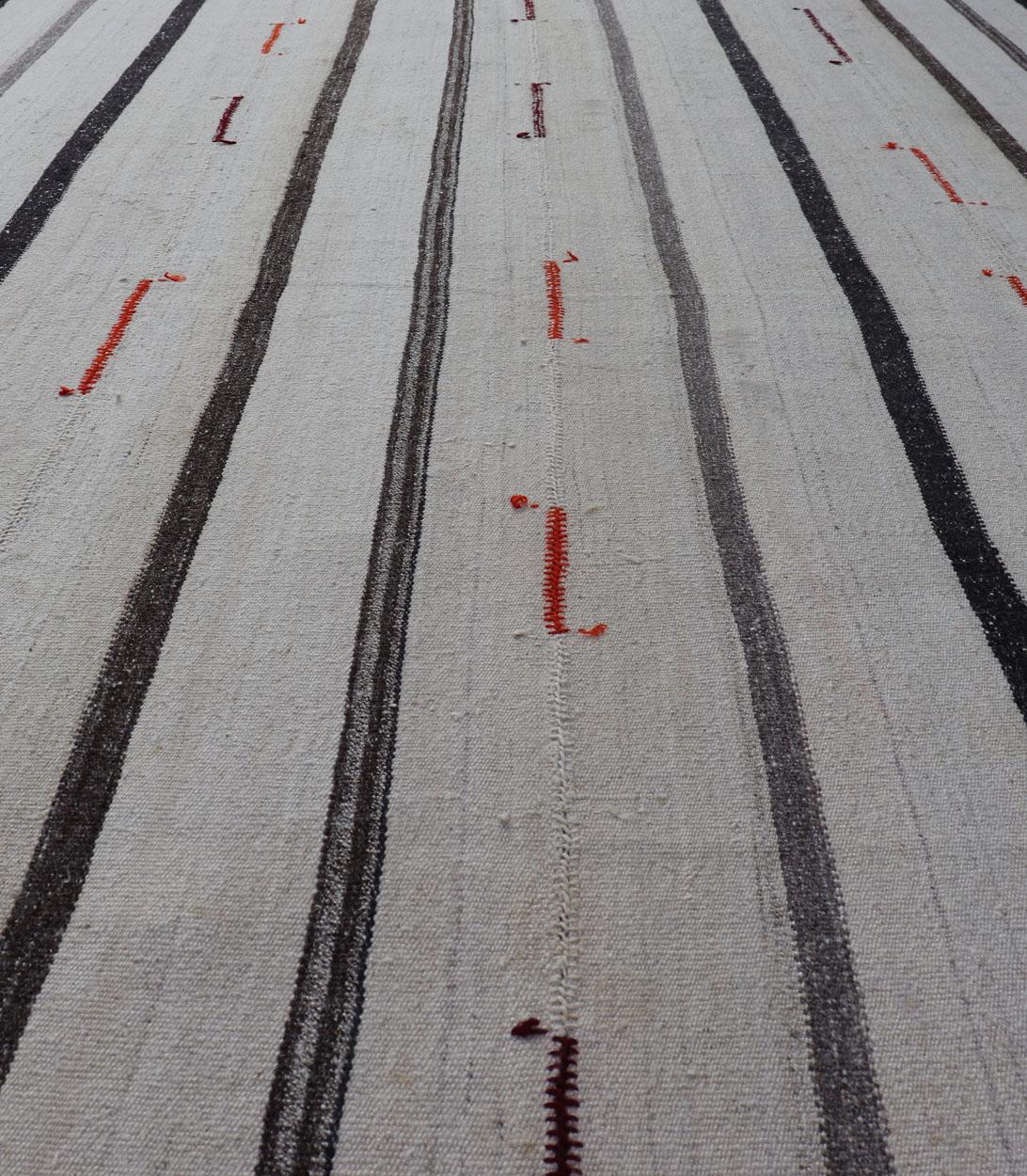 Vintage Turkish Kilim Rug with Vertical Stripes in Chocolate Brown and Cream For Sale 2