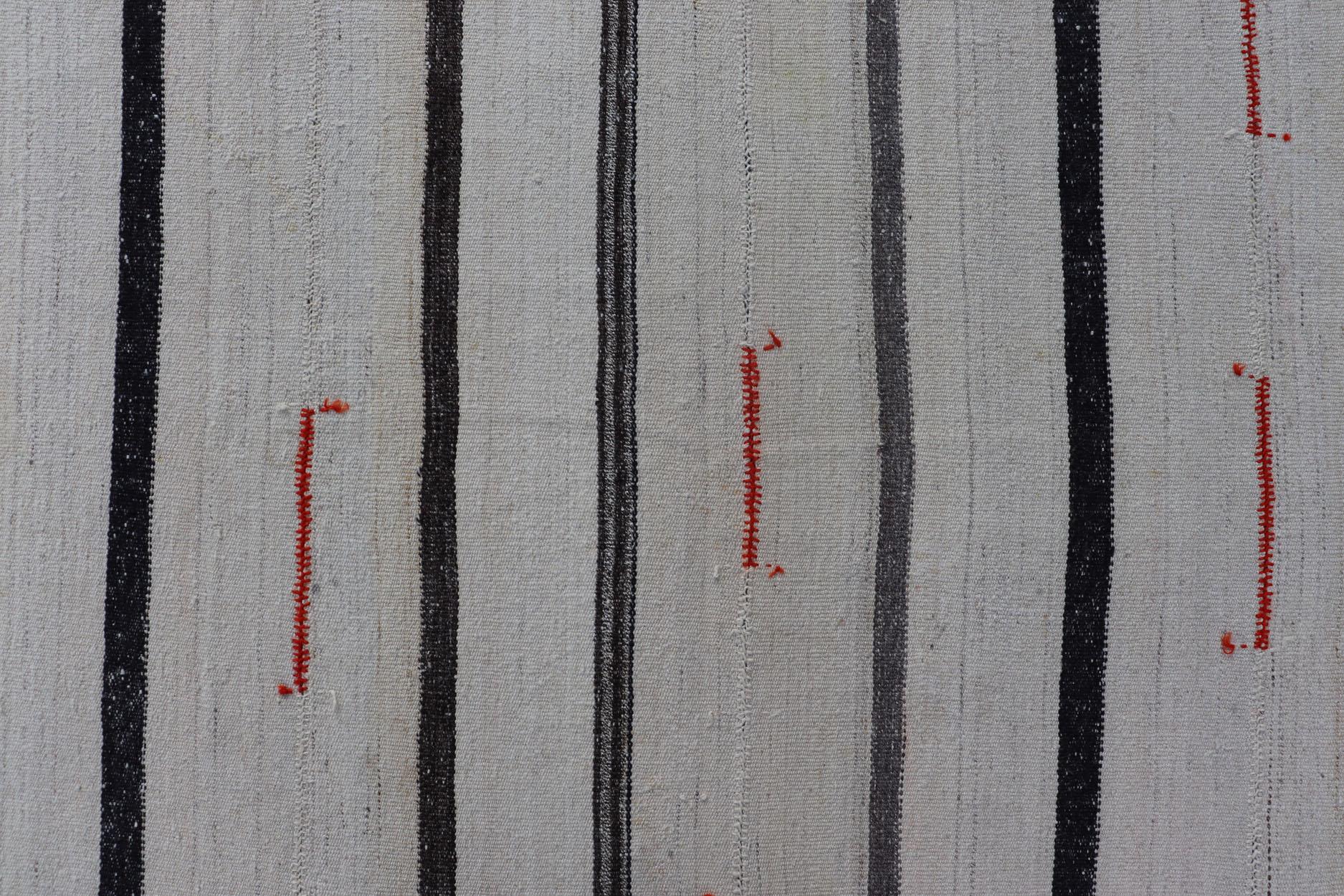 Vintage Turkish Kilim Rug with Vertical Stripes in Chocolate Brown and Cream For Sale 3