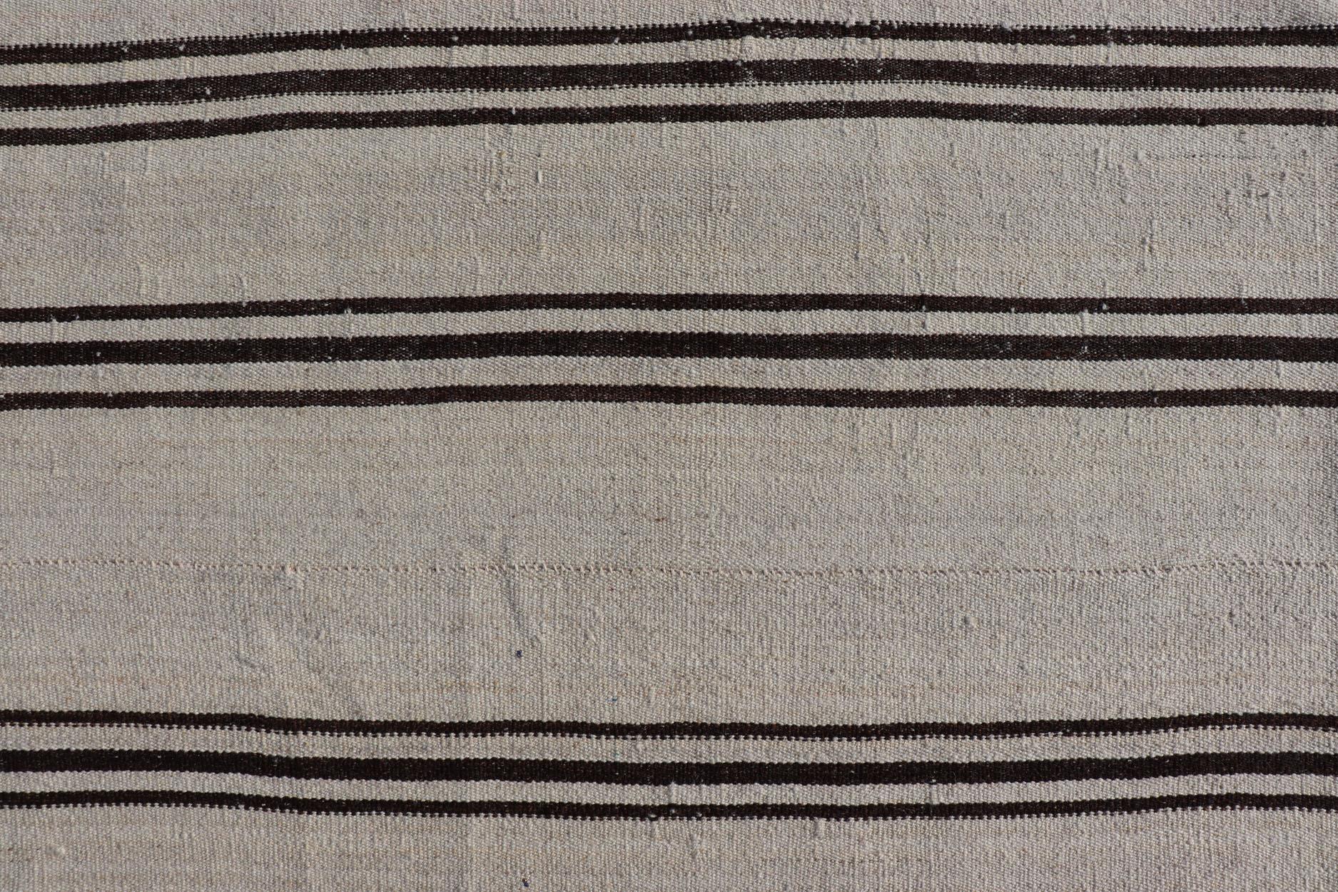 Vintage Turkish Kilim Rug With Vertical Stripes in Off White and Brown Stripes For Sale 4