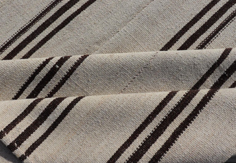 Vintage Turkish Kilim Rug With Vertical Stripes in Off White and Brown