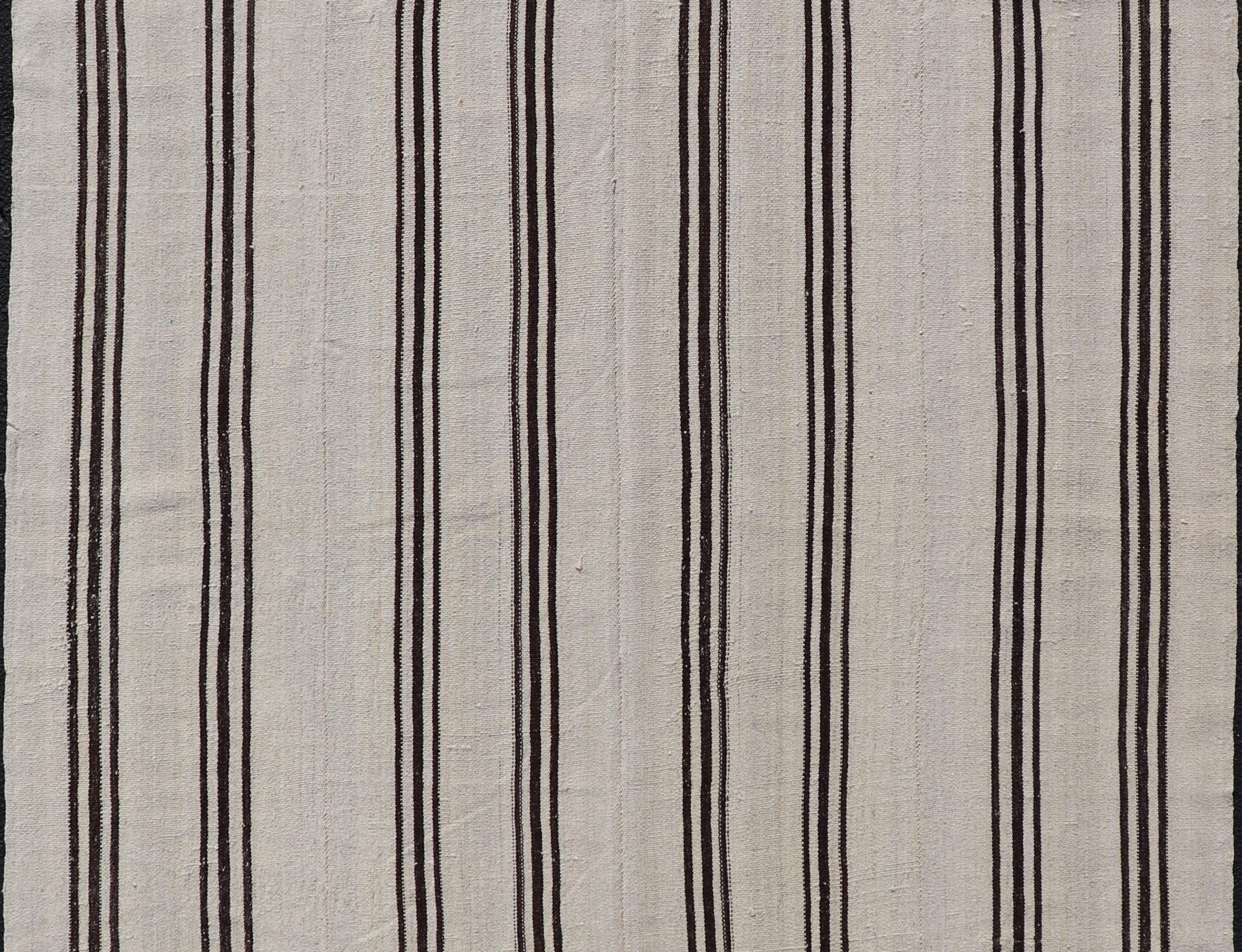 Hand-Woven Vintage Turkish Kilim Rug With Vertical Stripes in Off White and Brown Stripes For Sale