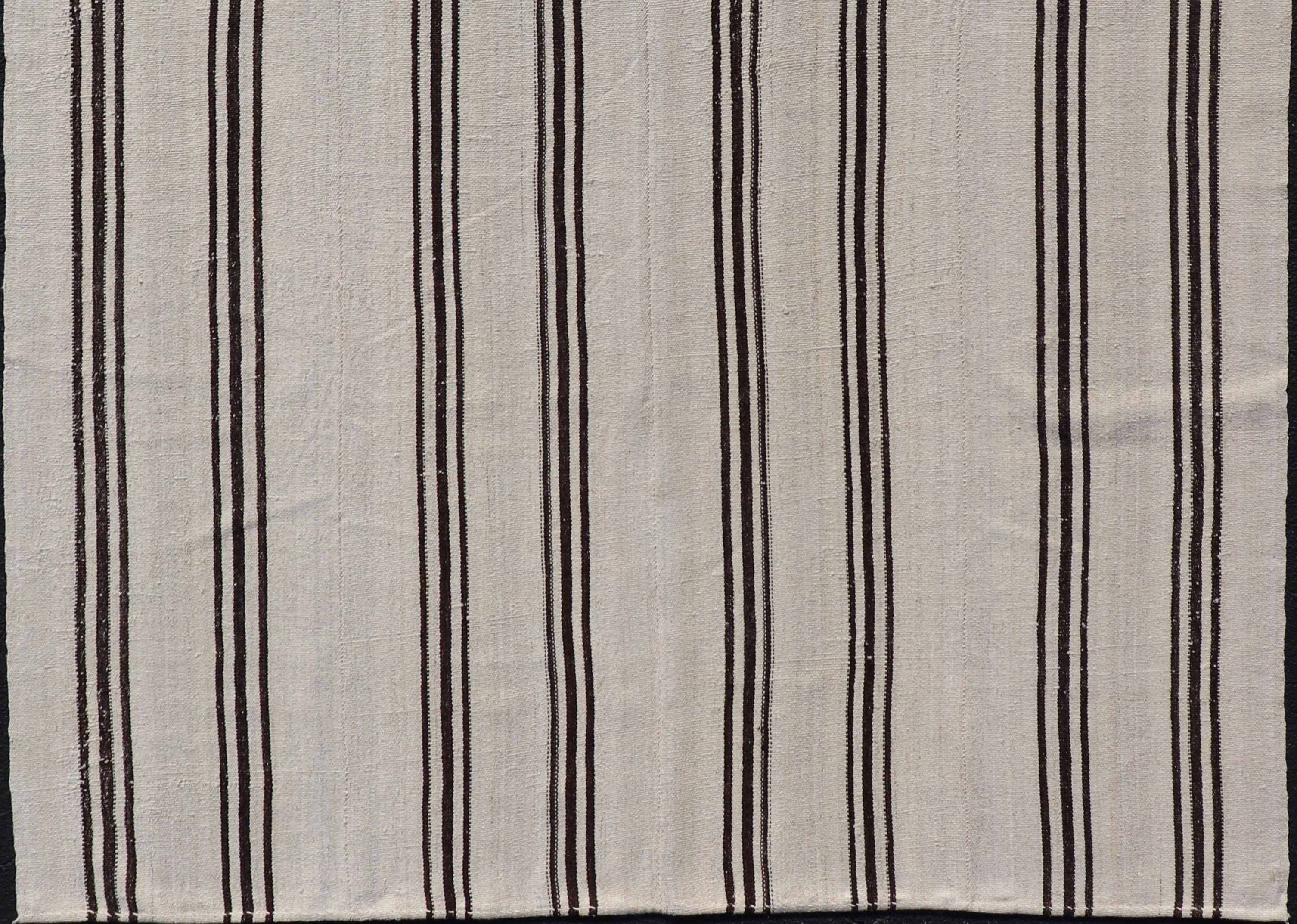 Vintage Turkish Kilim Rug With Vertical Stripes in Off White and Brown Stripes In Excellent Condition For Sale In Atlanta, GA