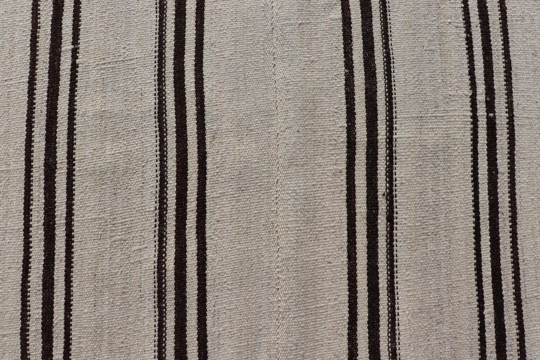 20th Century Vintage Turkish Kilim Rug With Vertical Stripes in Off White and Brown Stripes For Sale