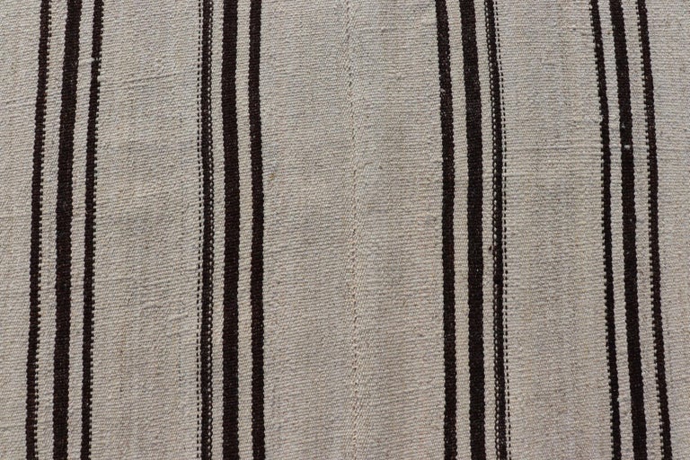 Vintage Turkish Kilim Rug With Vertical Stripes in Off White and Brown