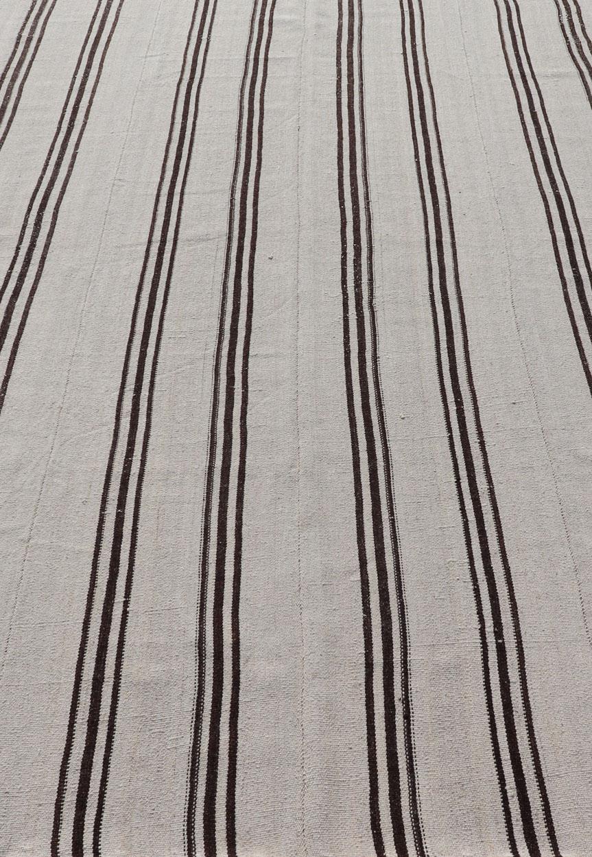 Vintage Turkish Kilim Rug With Vertical Stripes in Off White and Brown Stripes For Sale 1