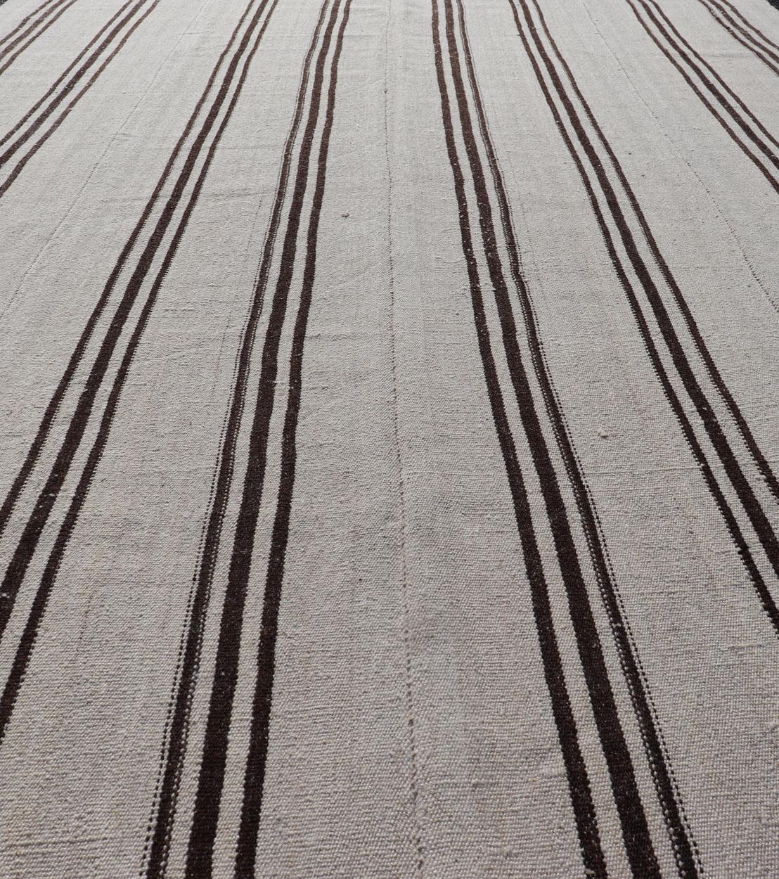 Vintage Turkish Kilim Rug With Vertical Stripes in Off White and Brown Stripes For Sale 2