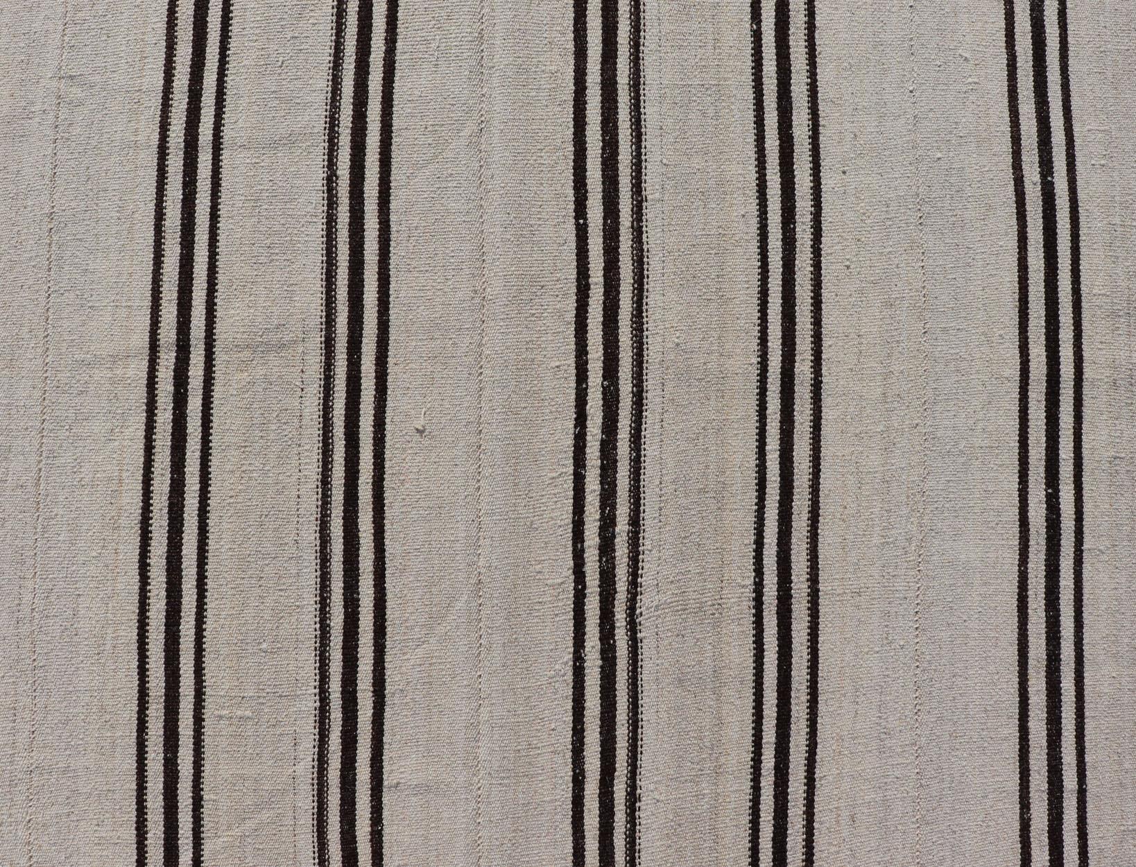 Vintage Turkish Kilim Rug With Vertical Stripes in Off White and Brown Stripes For Sale 3