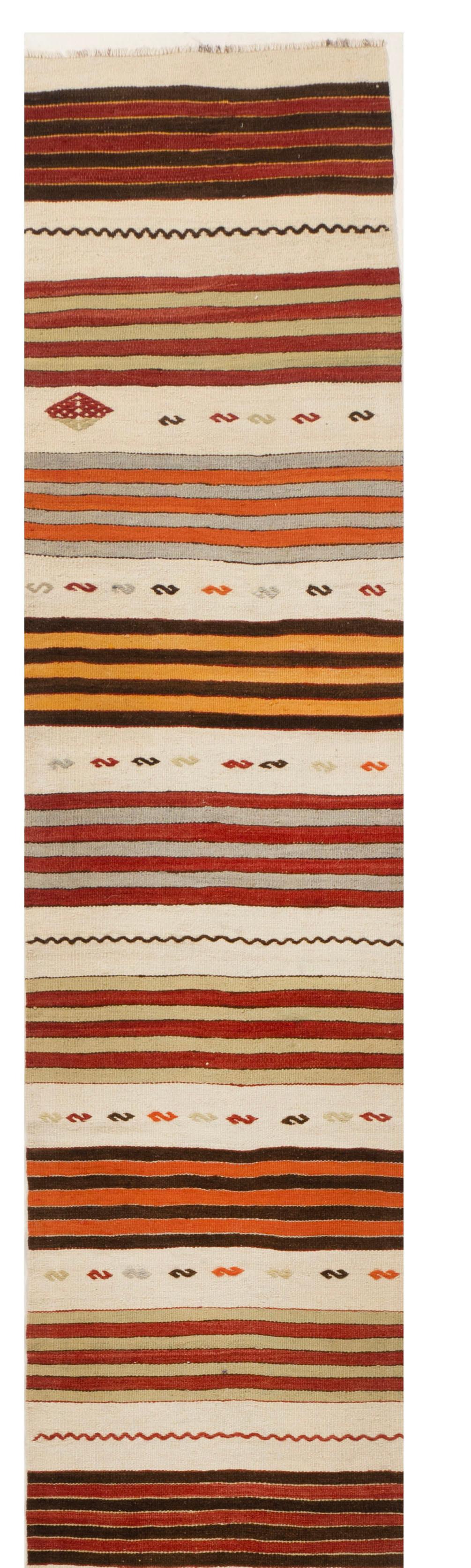 Vintage Turkish Kilim Runner 2' X 24'. The simplicity and boldness of this piece can also give a contemporary feel and is able to look at home in both a modern and traditional setting. The geometric design in soft colors is typical of the style