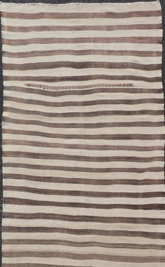 Vintage Turkish Kilim Runner Brown Stripe Ivory Neutral Wool Flatweave