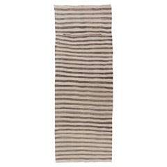 Vintage Turkish Kilim Runner Brown Stripe Ivory Neutral Wool Flatweave