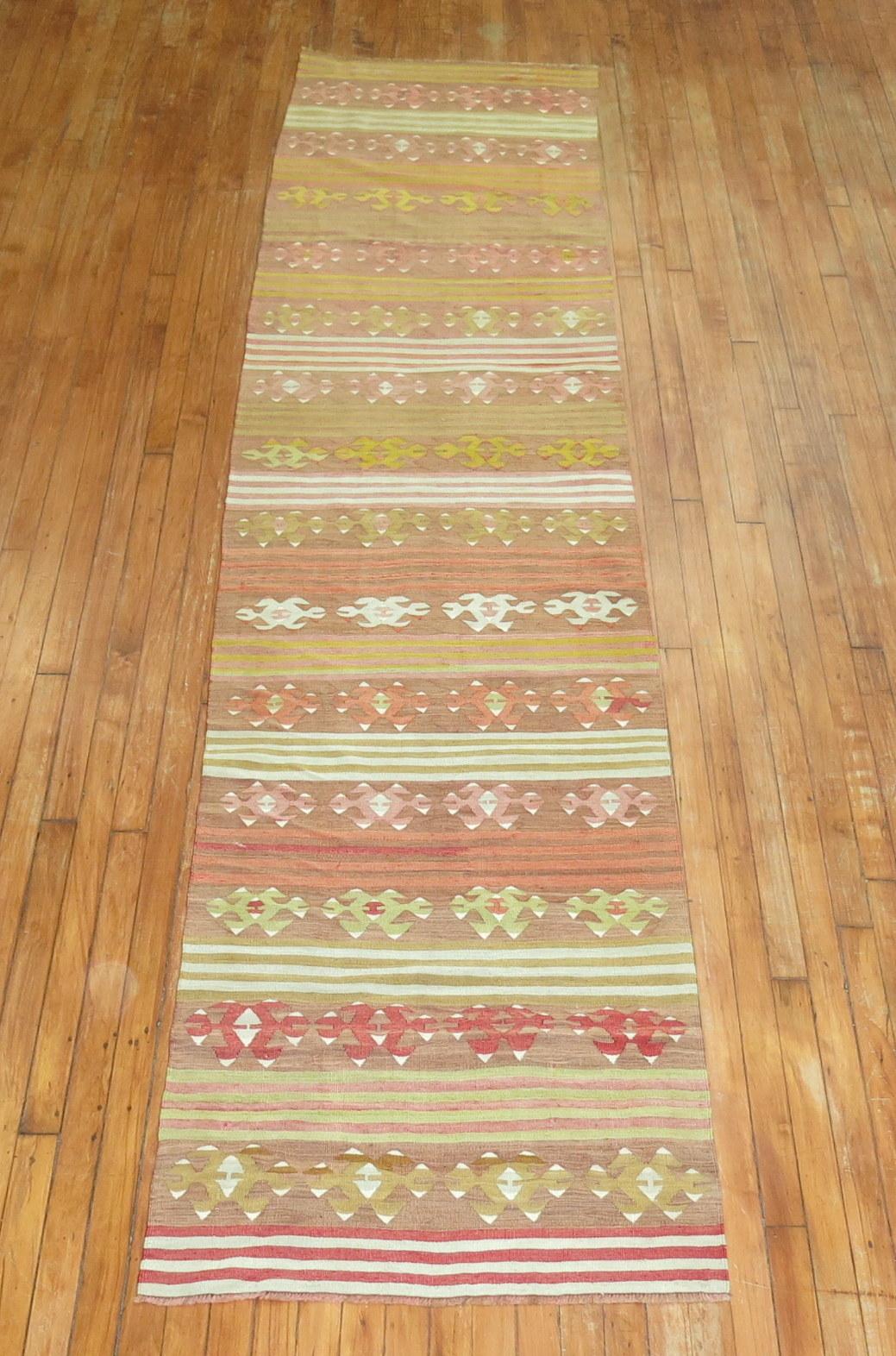 One-of-a-kind flat-woven one-of-a-kind Turkish Kilim runner in warm colors.

Measures: 2'7'' x 11'10''.