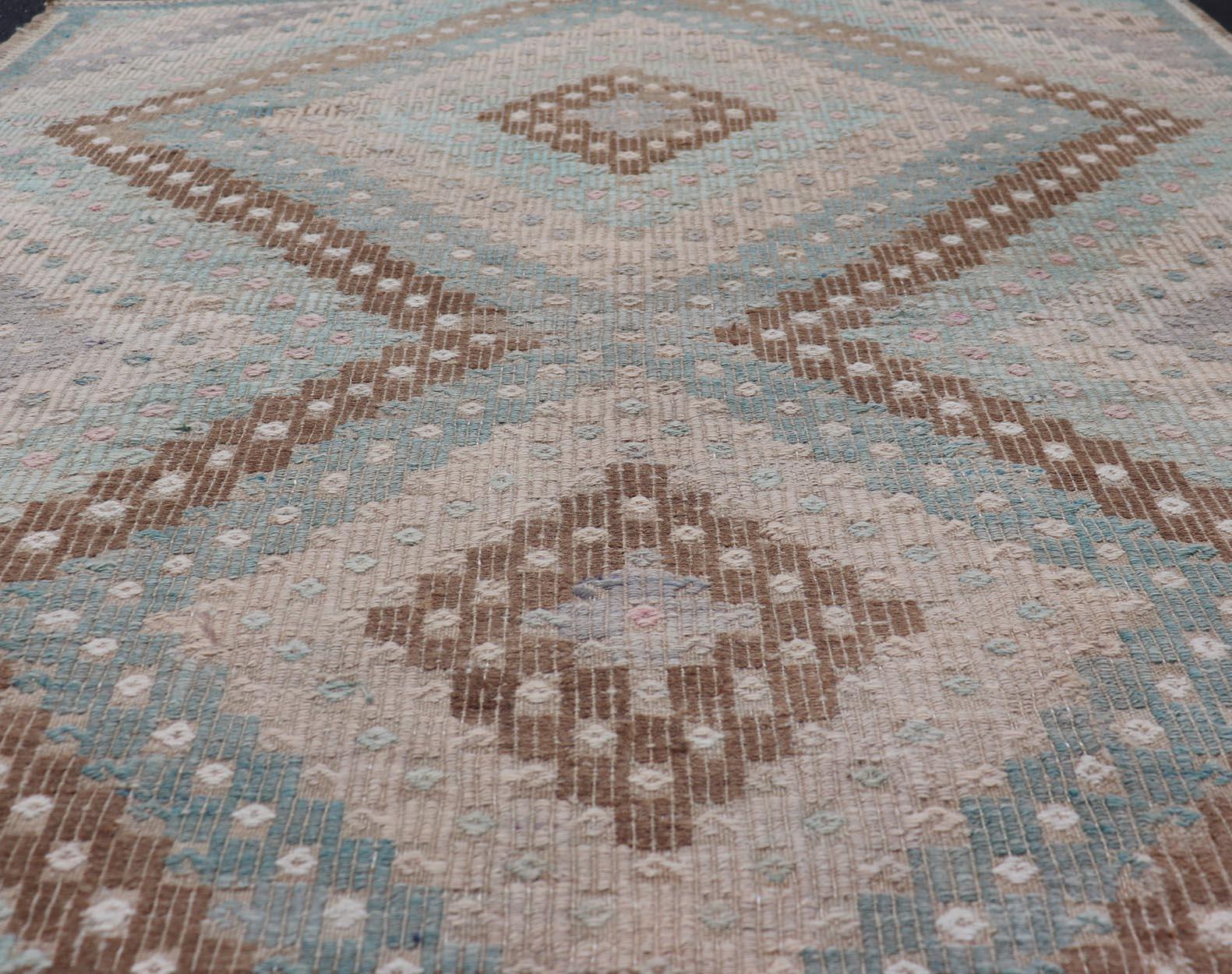 Hand-Woven Vintage Turkish Kilim Runner -Geometric Diamond Patterns in Earthy Tones 5'7 x 6 For Sale