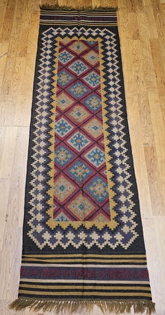Vintage Turkish Kilim Runner in Allover Geometric Pattern in Red, Blue, Brown
