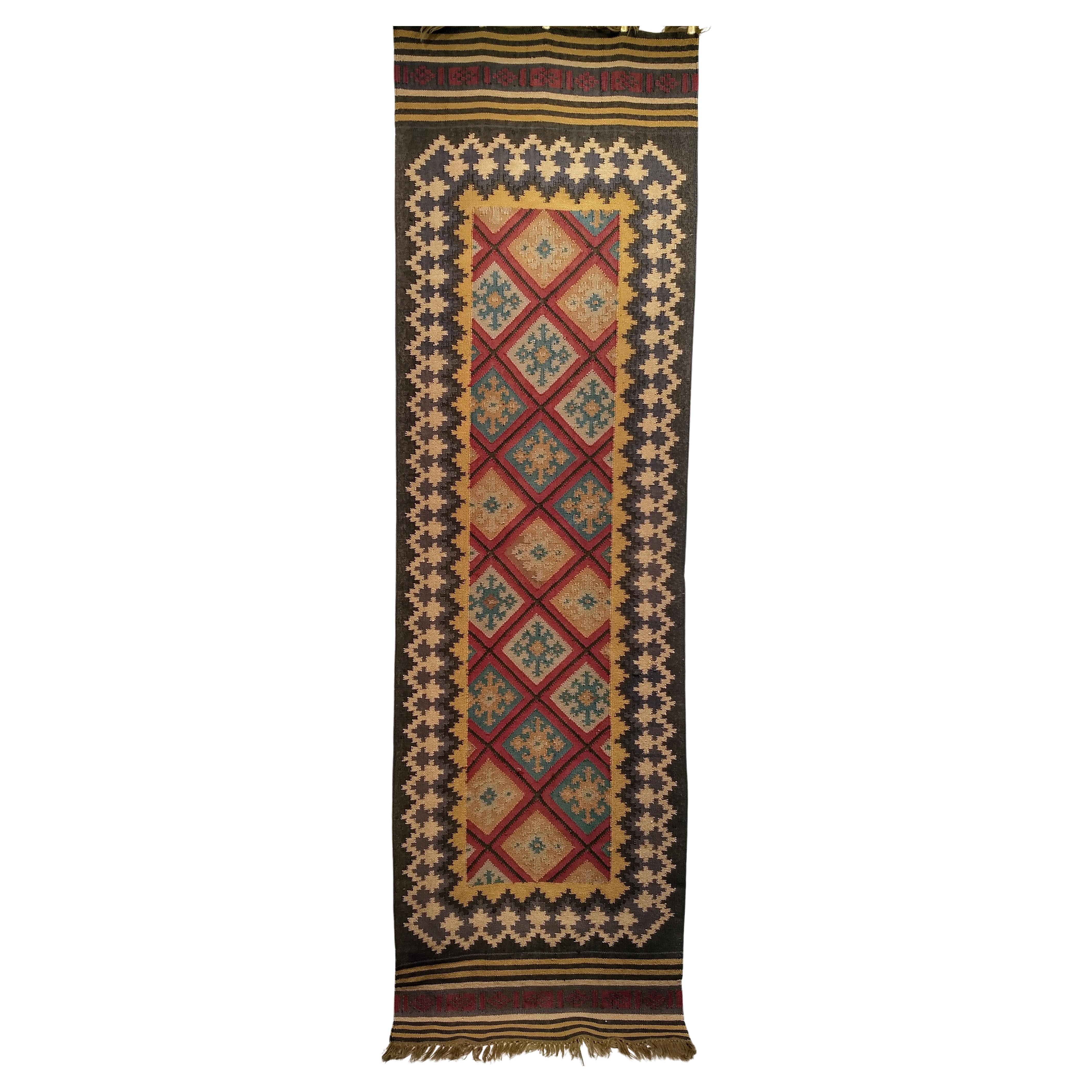 Vintage Turkish Kilim Runner in Allover Geometric Pattern in Red, Blue, Brown
