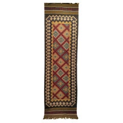 Vintage Turkish Kilim Runner in Allover Geometric Pattern in Red, Blue, Brown