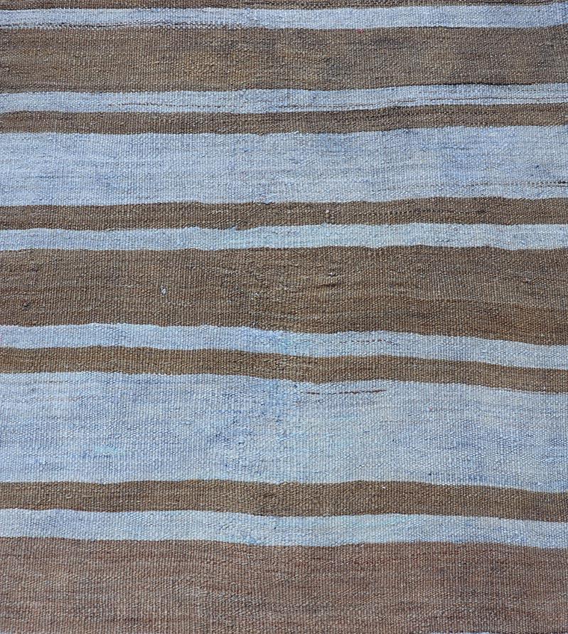 Vintage Turkish Kilim Runner In Earthy Brown and Blue Stripes 2'7 x 9'10 For Sale 4