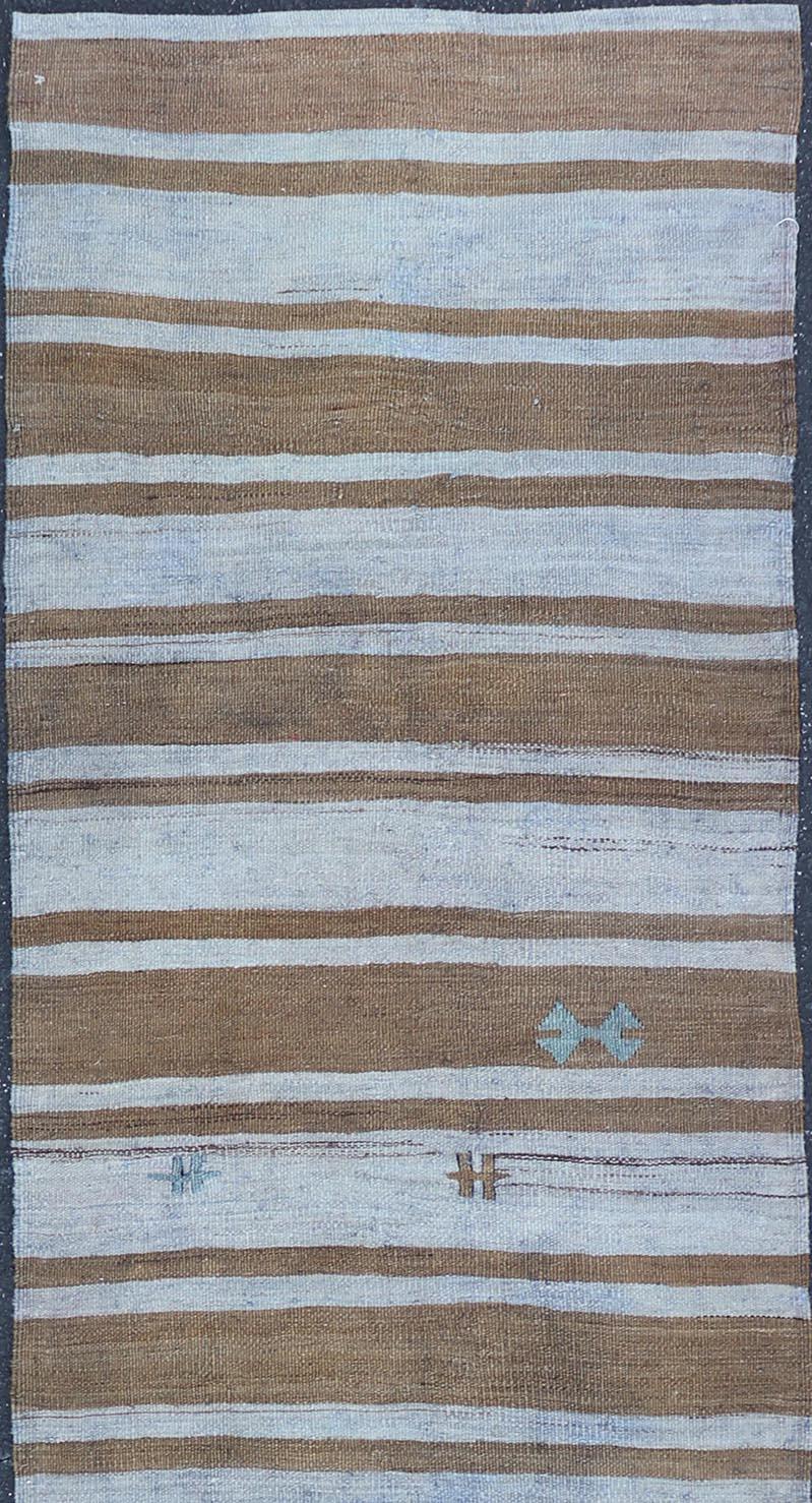 Hand-Woven Vintage Turkish Kilim Runner In Earthy Brown and Blue Stripes 2'7 x 9'10 For Sale
