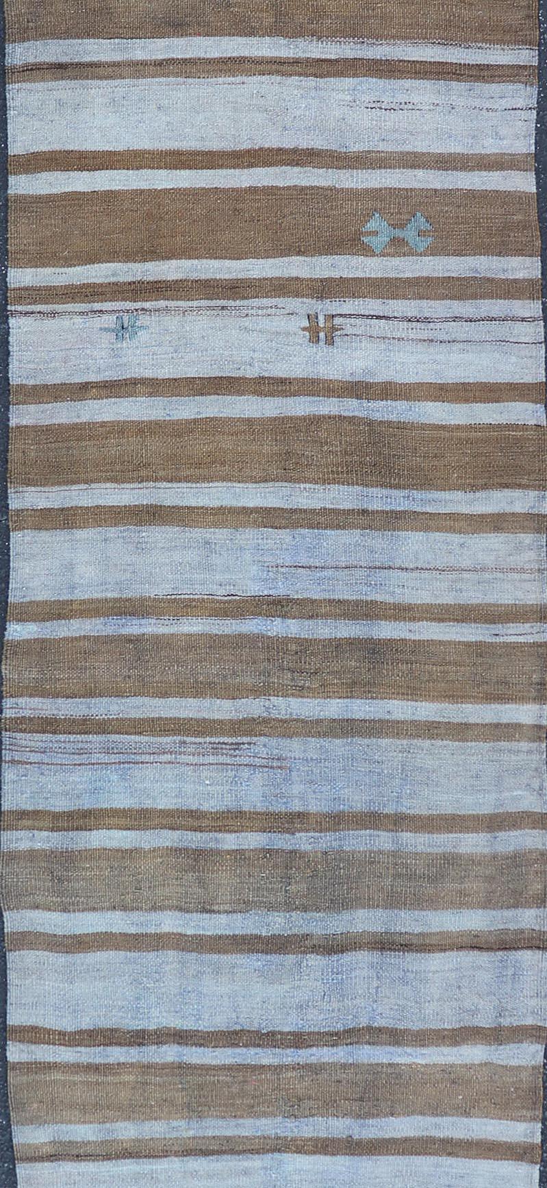 Vintage Turkish Kilim Runner In Earthy Brown and Blue Stripes 2'7 x 9'10 In Good Condition For Sale In Atlanta, GA