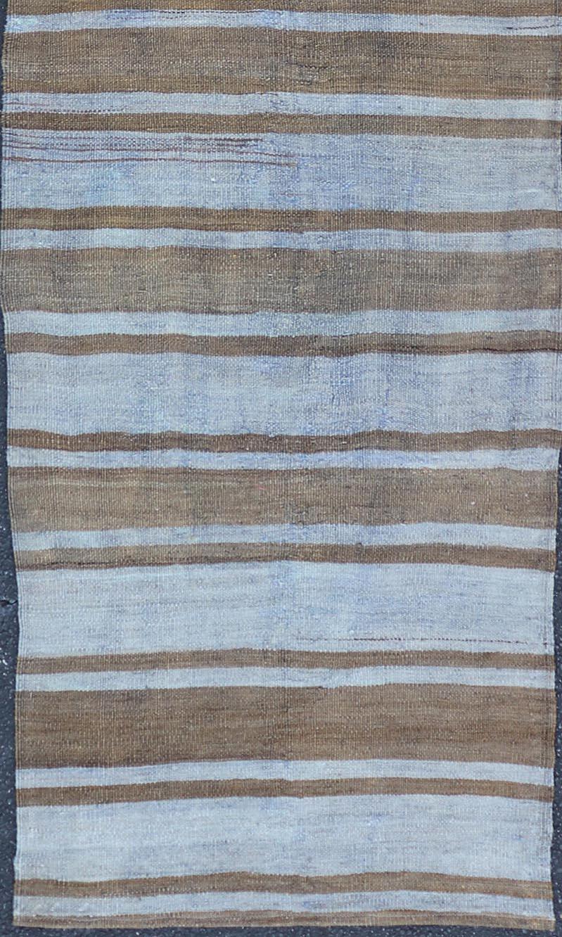 20th Century Vintage Turkish Kilim Runner In Earthy Brown and Blue Stripes 2'7 x 9'10 For Sale