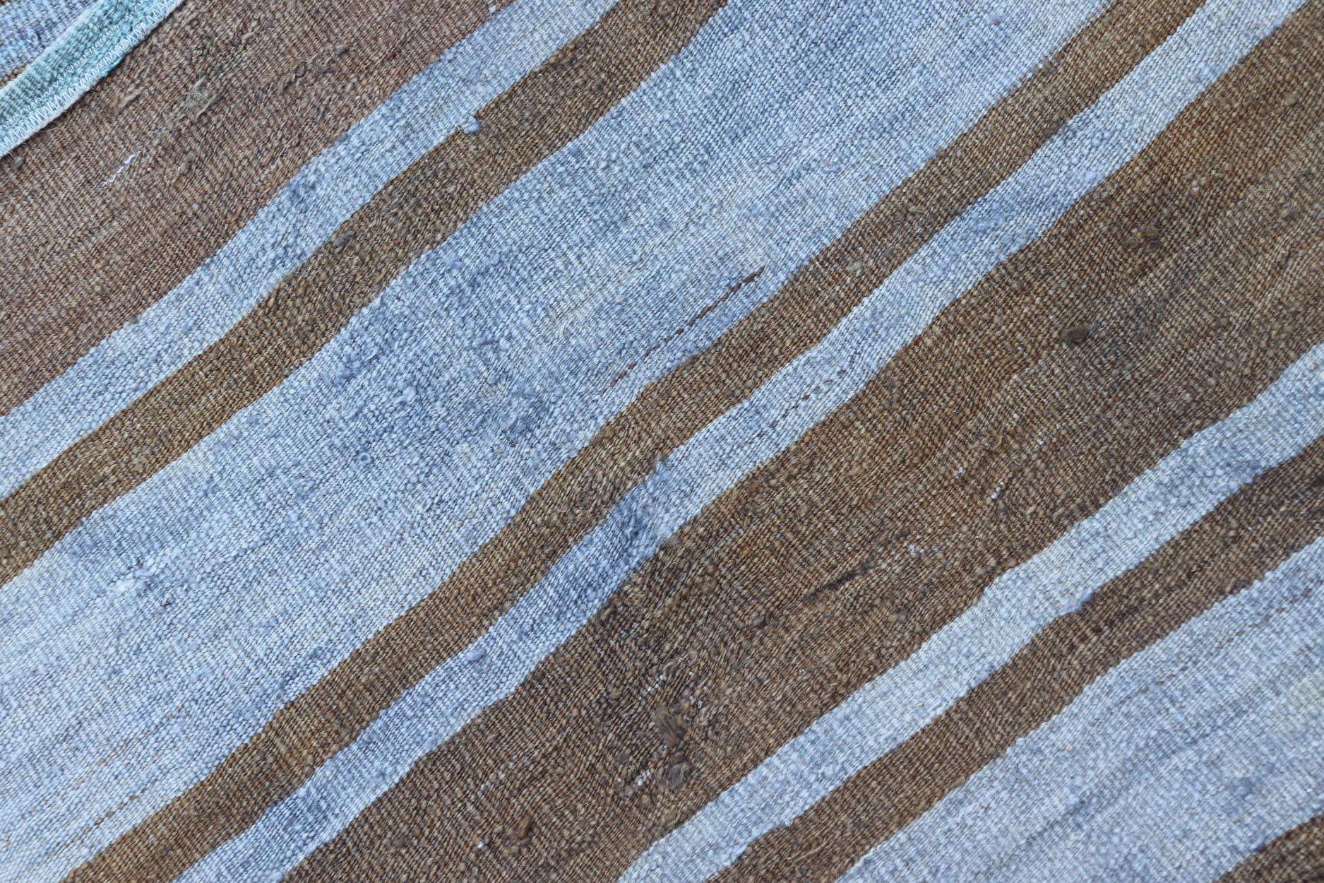 Wool Vintage Turkish Kilim Runner In Earthy Brown and Blue Stripes 2'7 x 9'10 For Sale