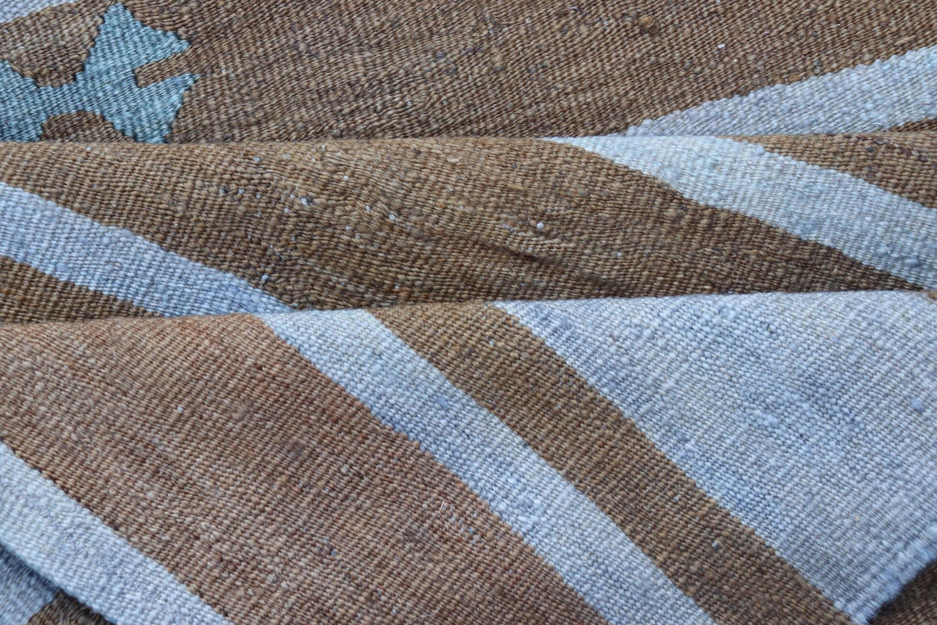 Vintage Turkish Kilim Runner In Earthy Brown and Blue Stripes 2'7 x 9'10 For Sale 1